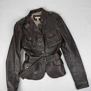 Brown real leather biker jacket with belt (S)
