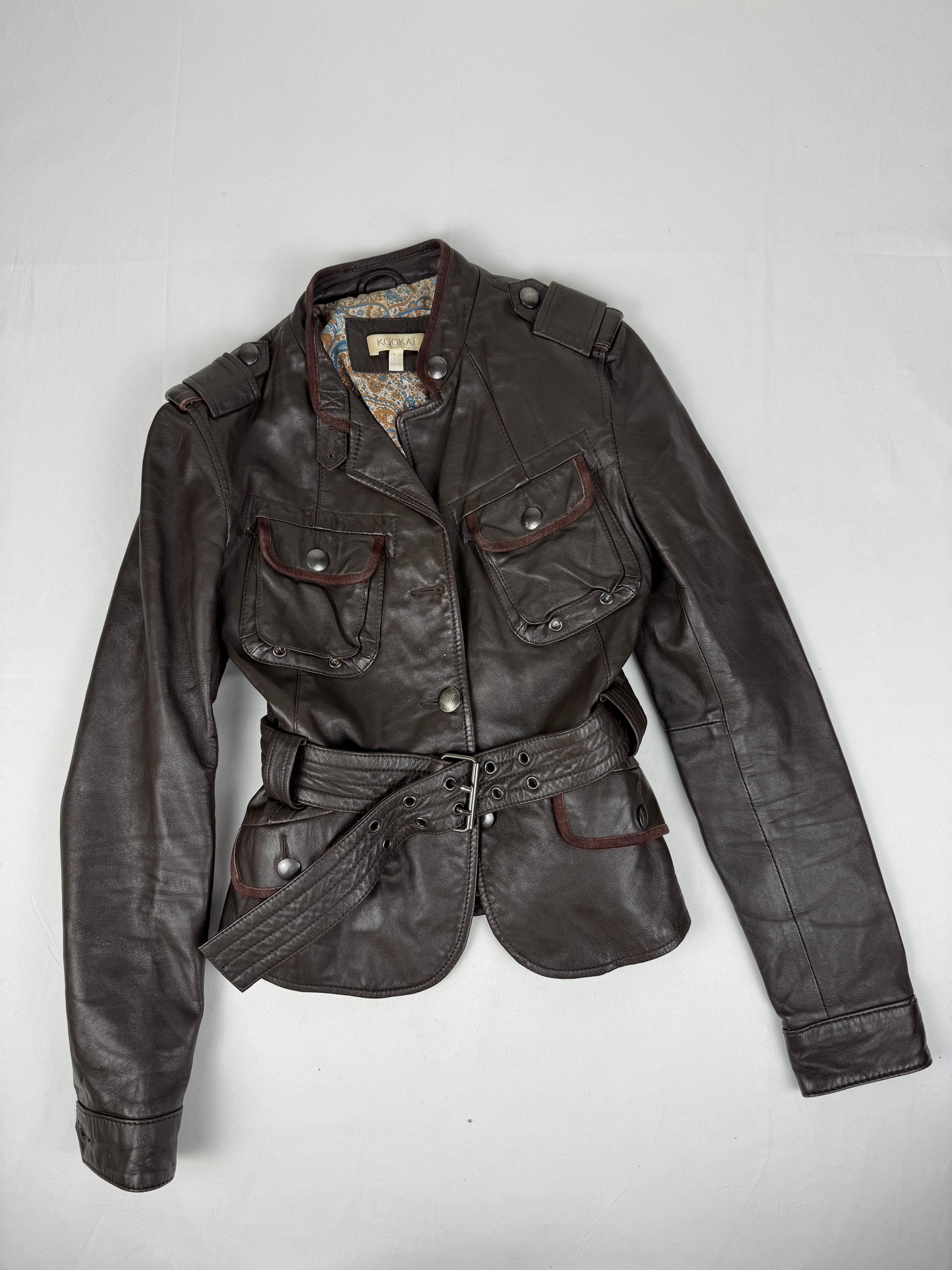 Brown real leather biker jacket with belt (S)