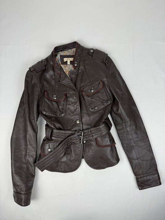 Brown real leather biker jacket with belt (S)