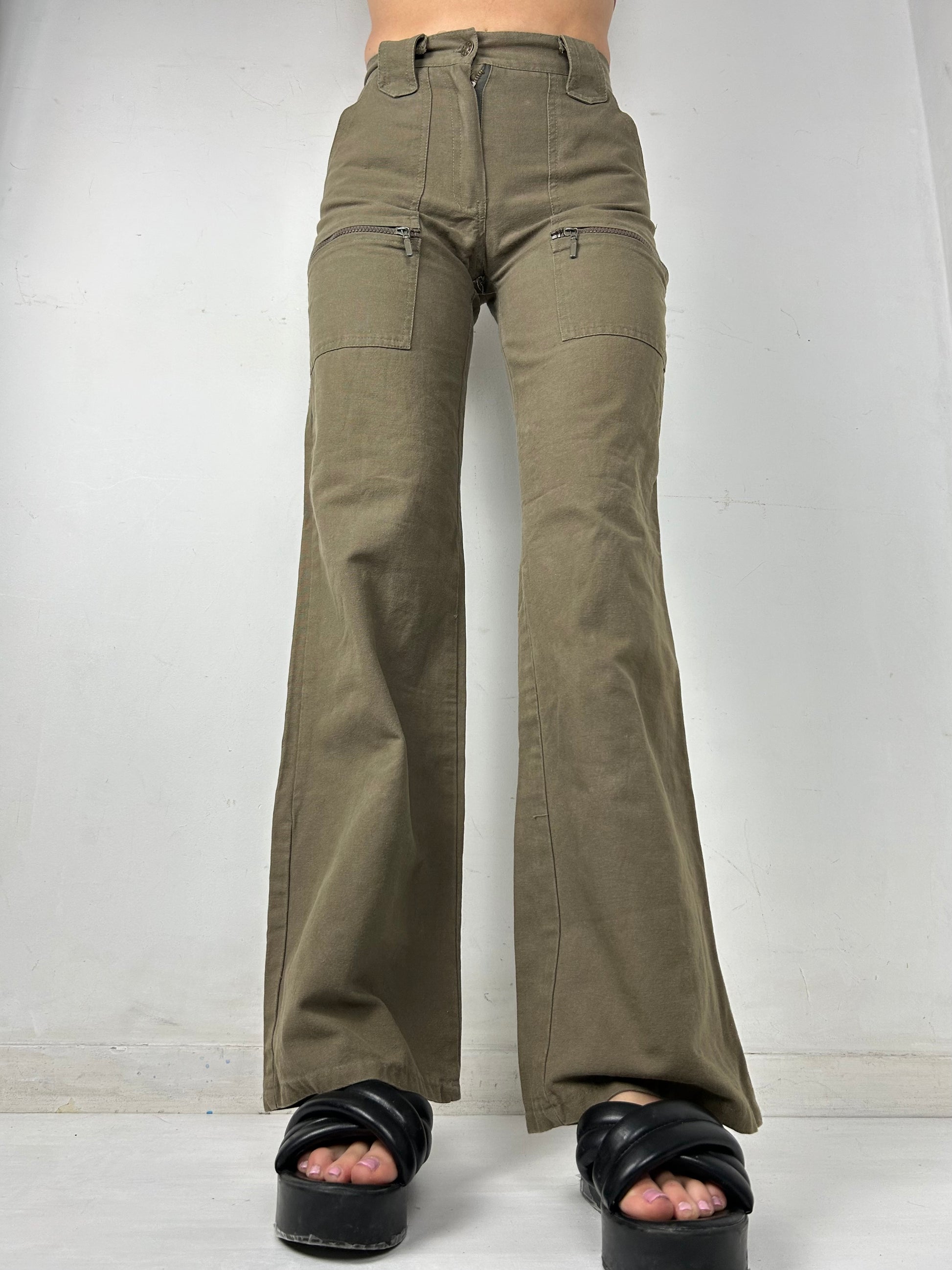 Khaki denim low rise flare pants (S)
