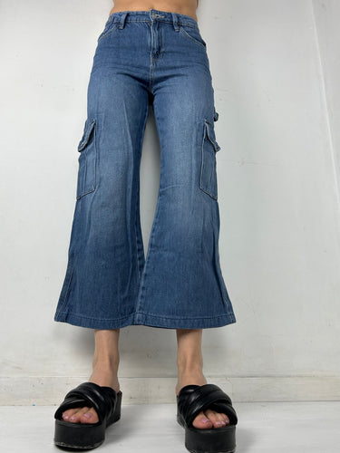 Blue denim low rise cargo baggy pants (S)