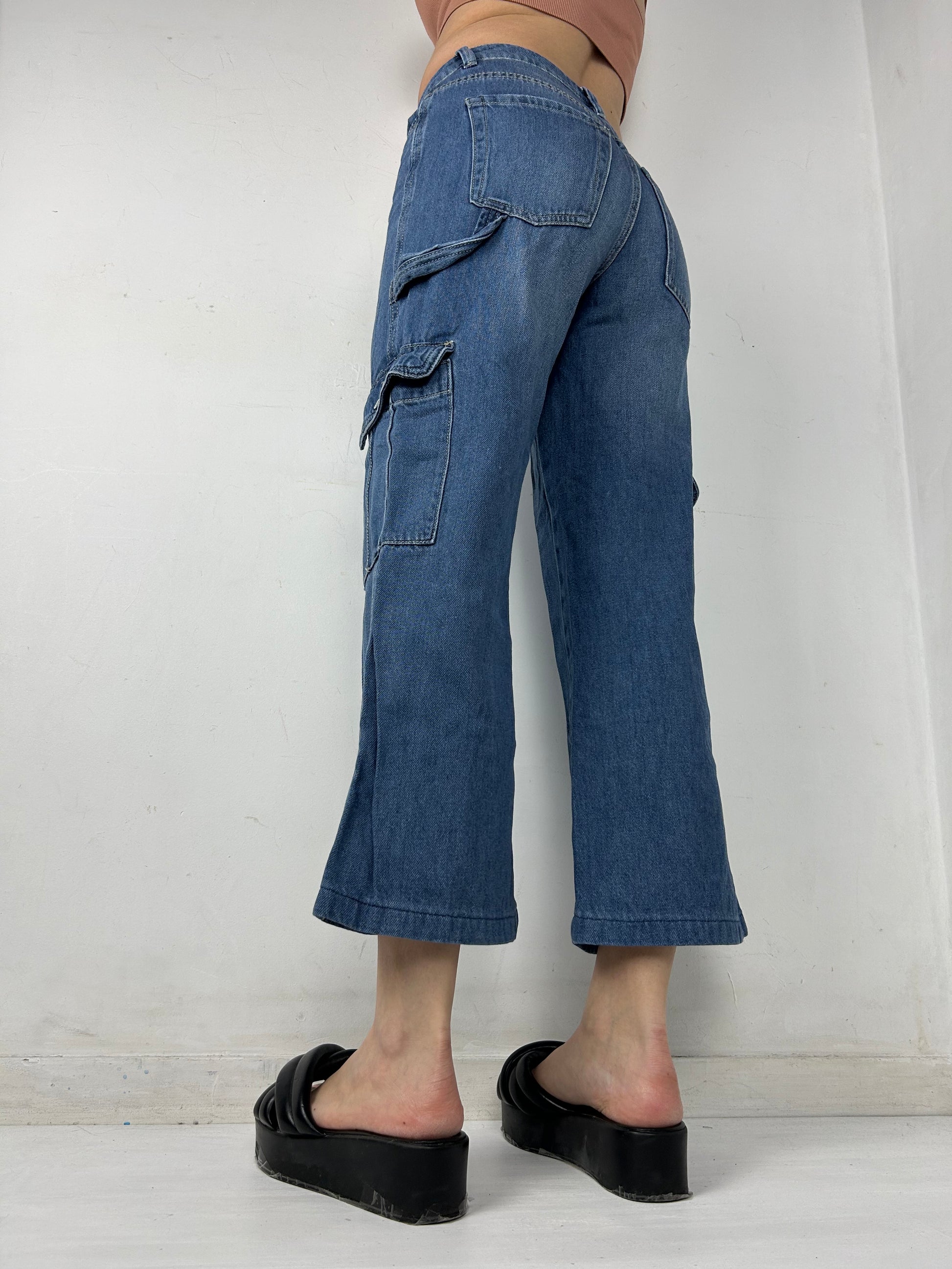 Blue denim low rise cargo baggy pants (S)