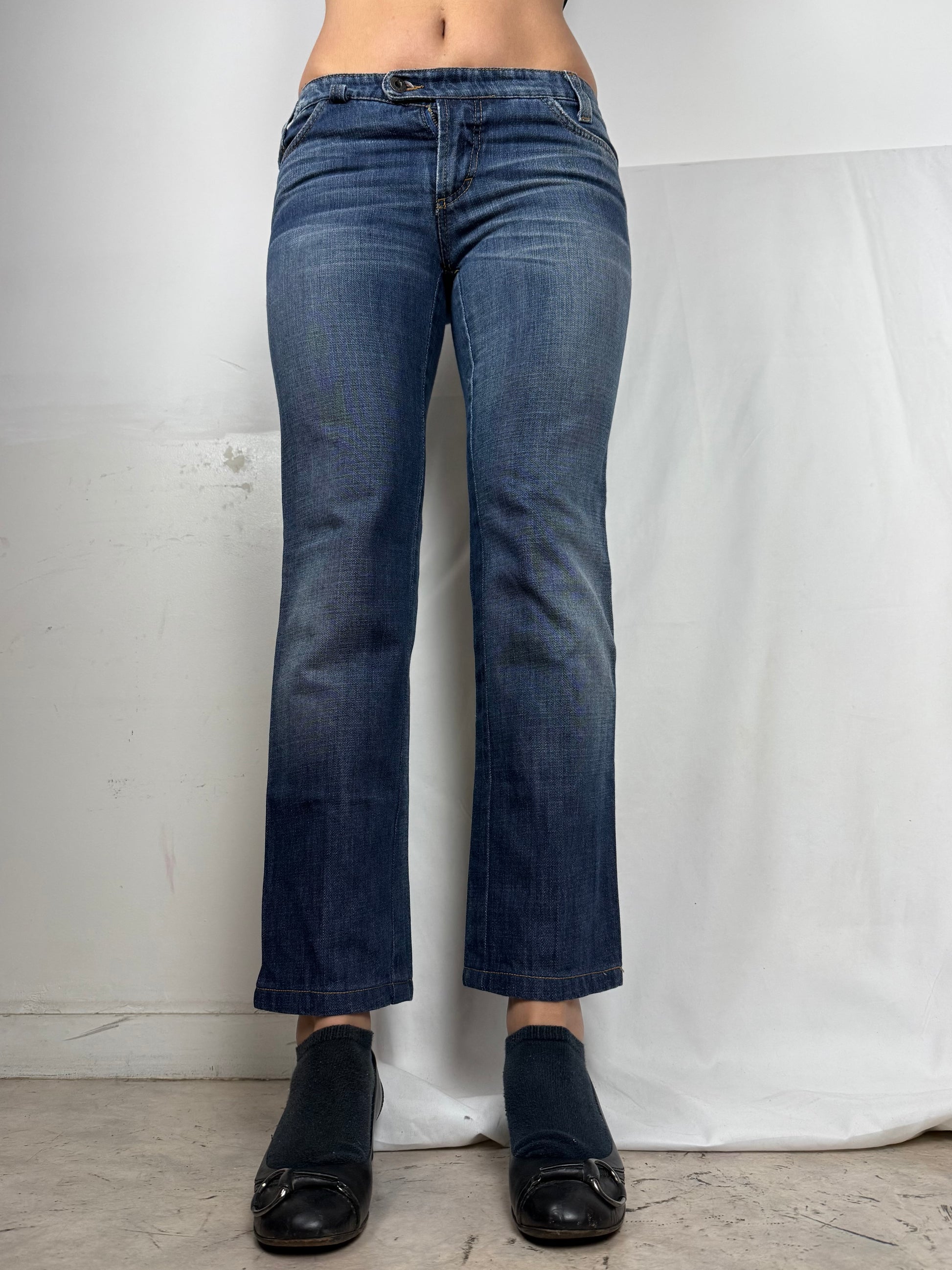 Blue denim low rise straight legs pants (S)
