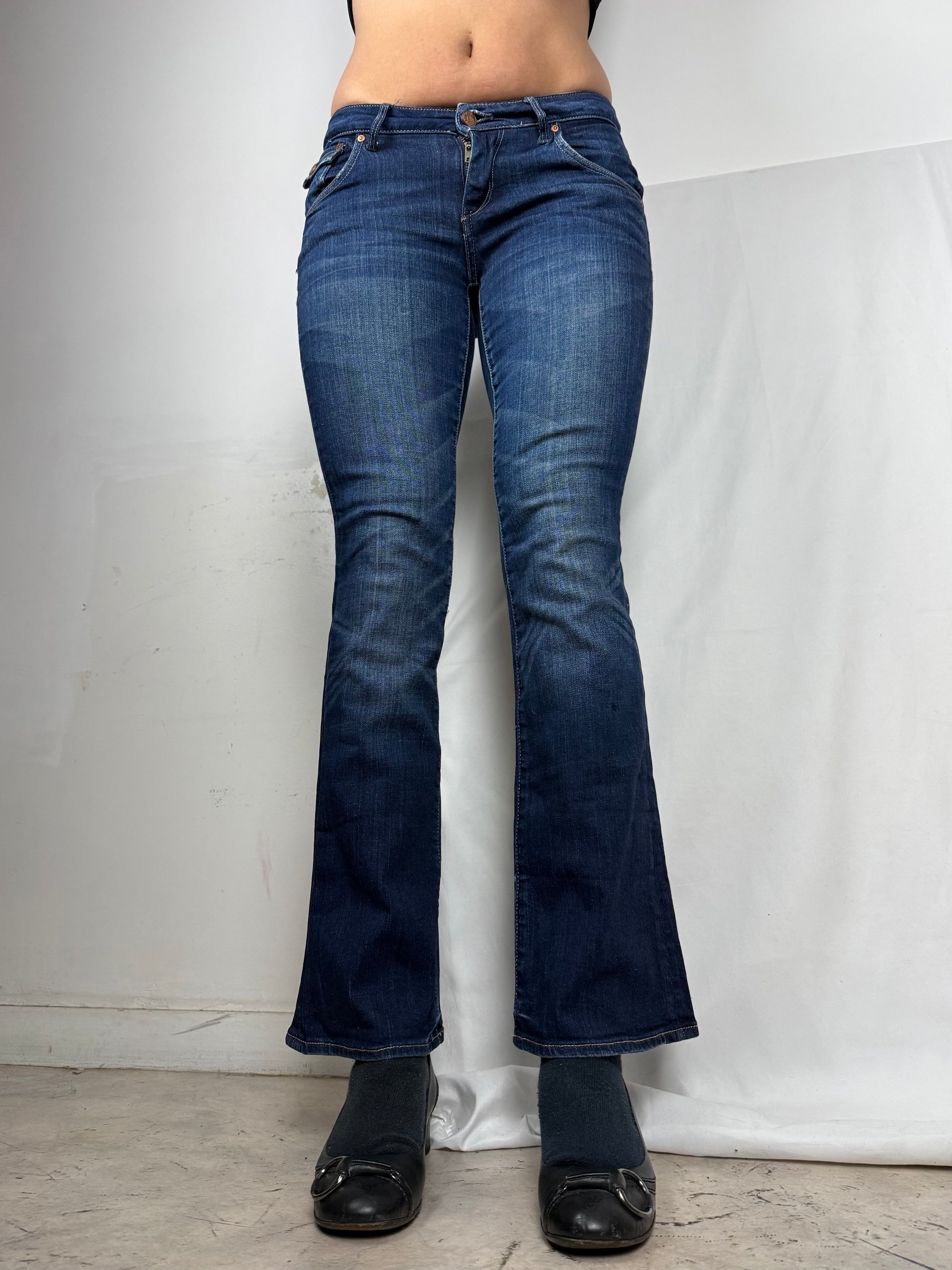 Navy denim low rise flare pants (S)