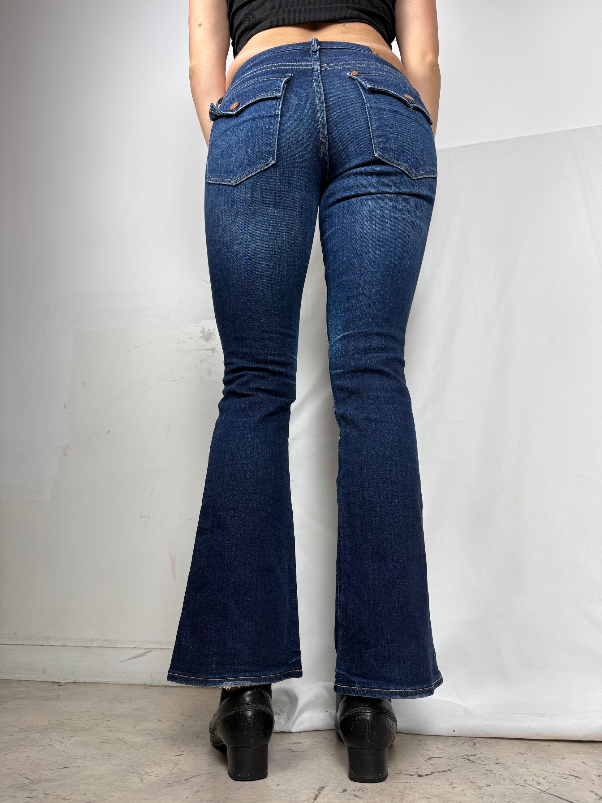 Navy denim low rise flare pants (S)