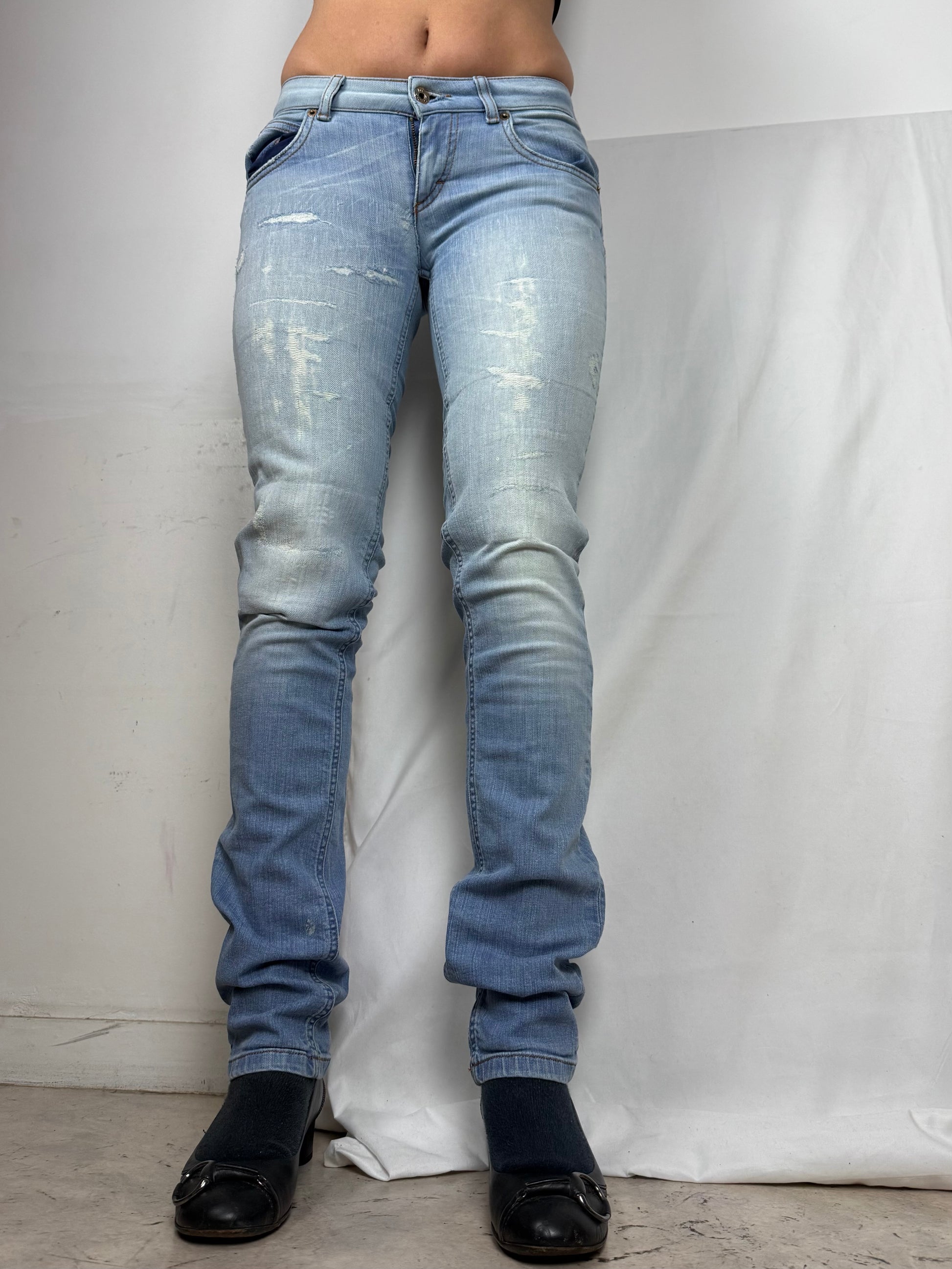 Blue denim low rise skinny pants (S)