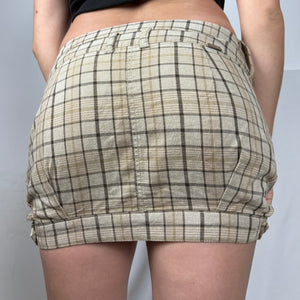 Brown check print low rise cotton mini skirt (M)