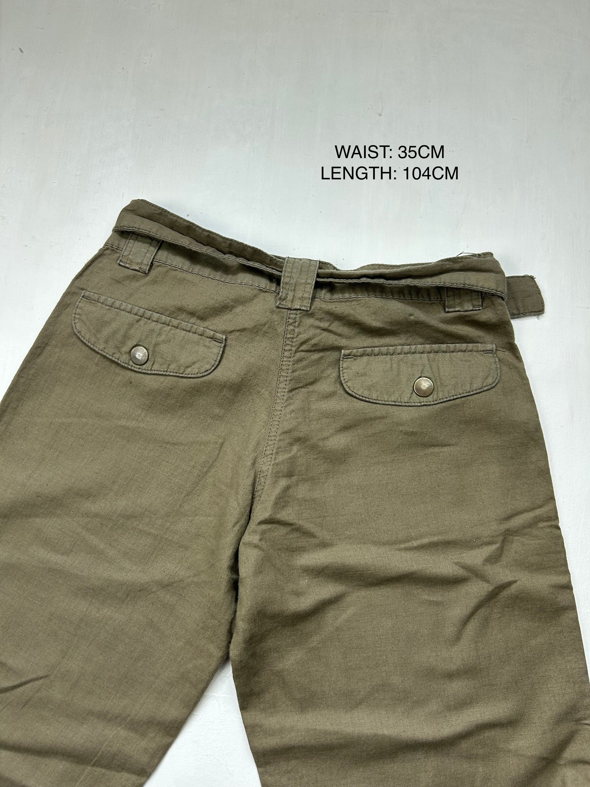 Khaki linen belt baggy pants (S)