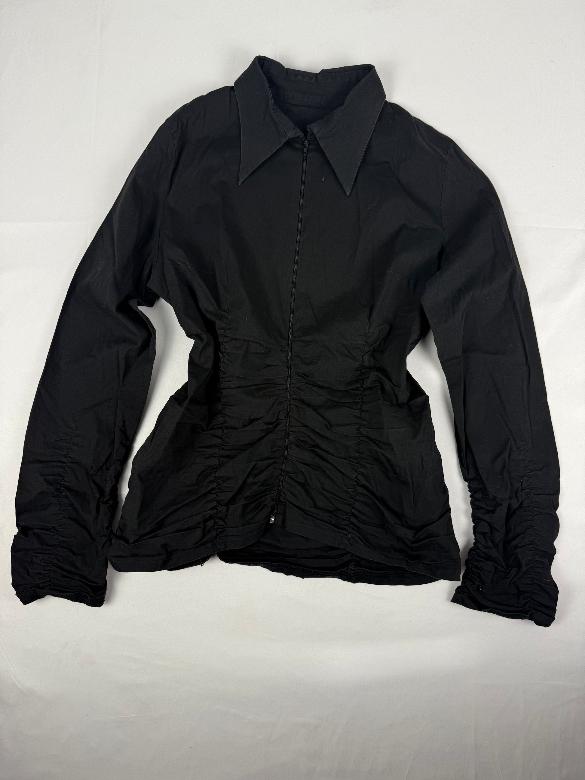 Black cotton ruched zip up tight fit shirt jacket (XL)