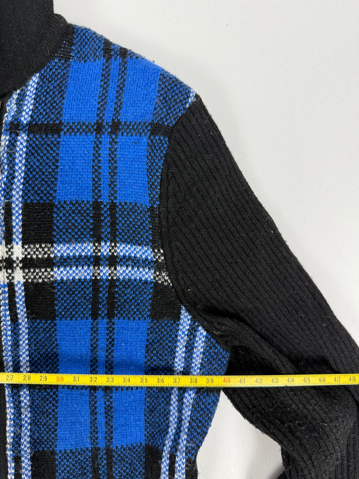 Blue check print knitted jumper jacket (M)