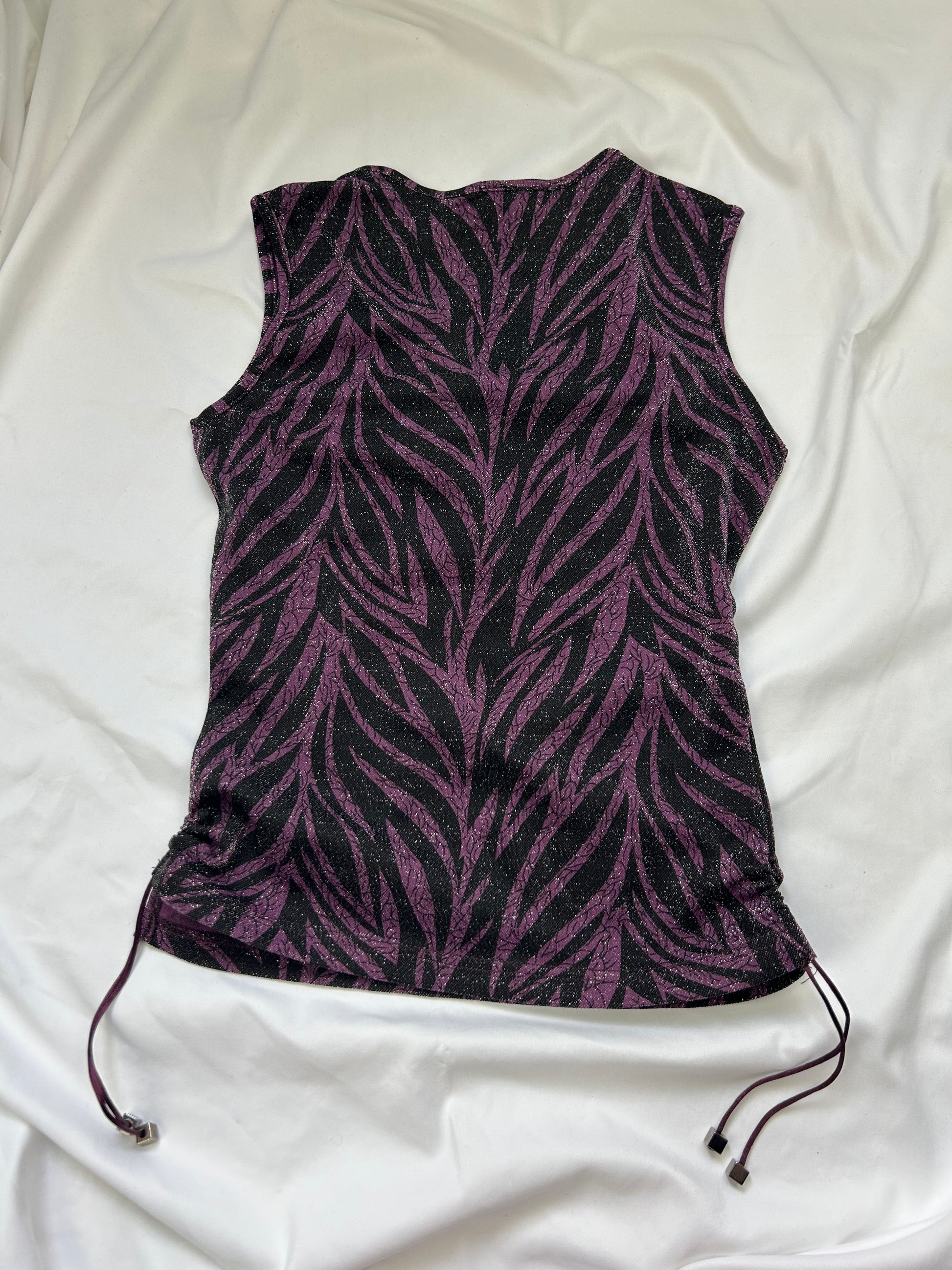 Purple glitters zebra print ruched tank top (S)
