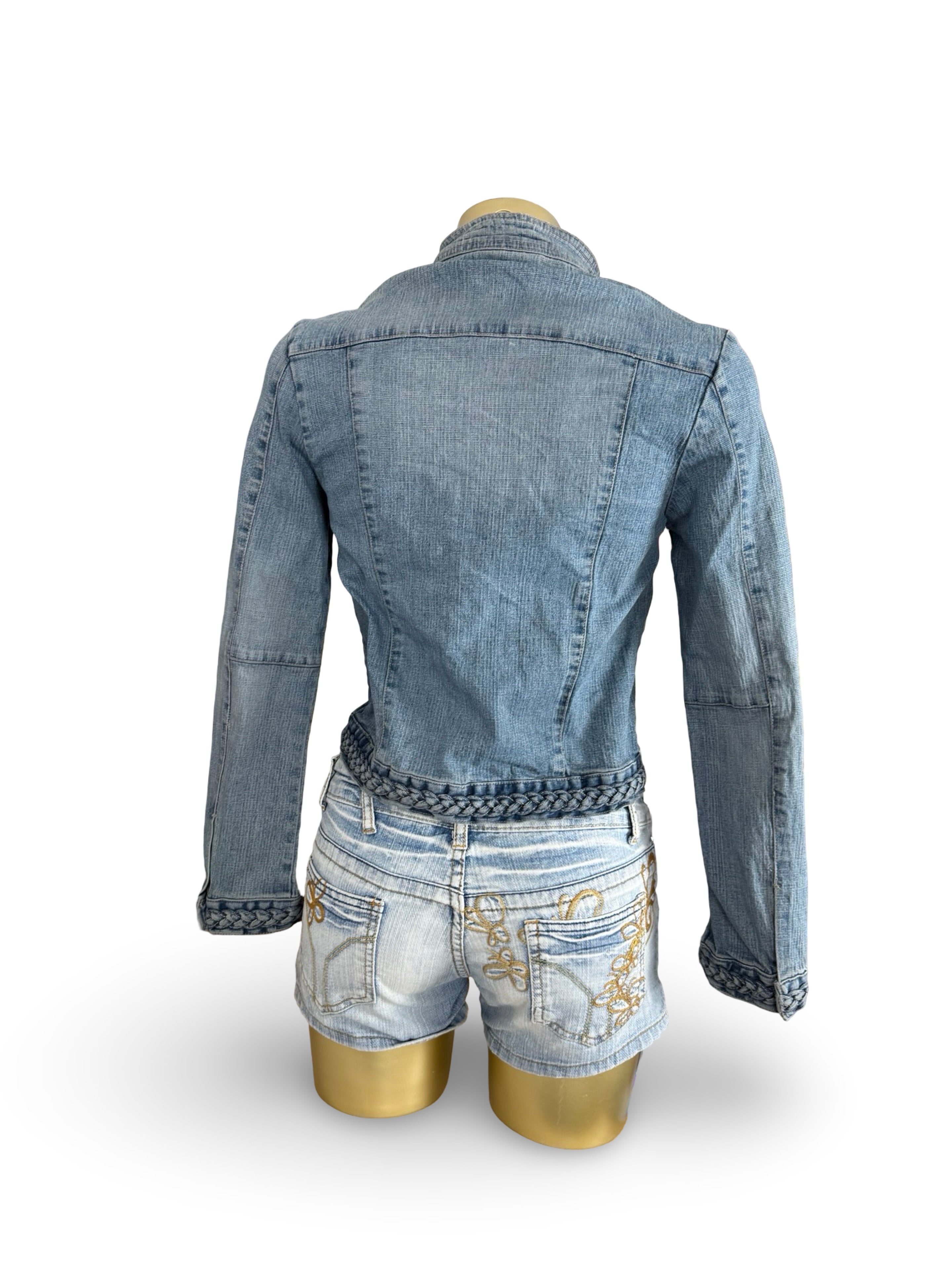 Blue denim tight fit zip up biker jacket (S/M)