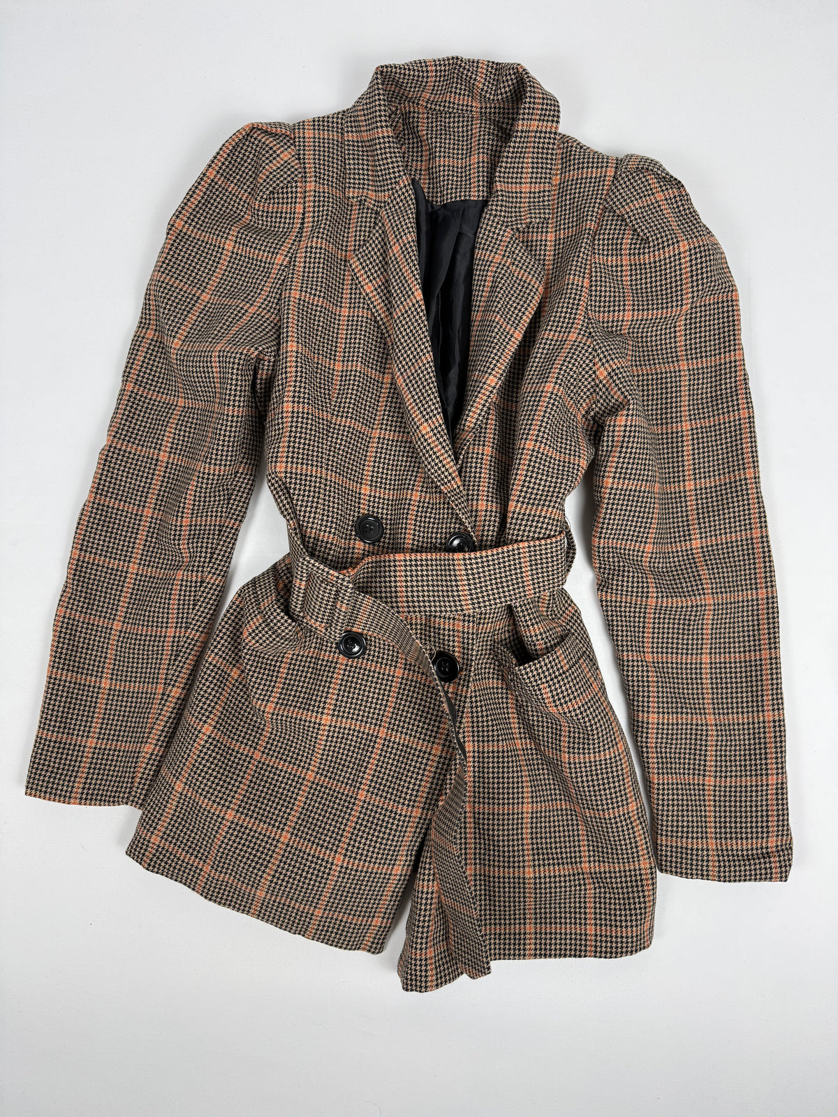 Brown check print mid season trench coat (S)