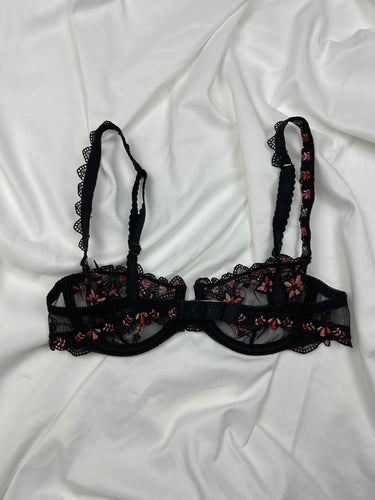 Black lace embroidered mesh balcony vintage bra