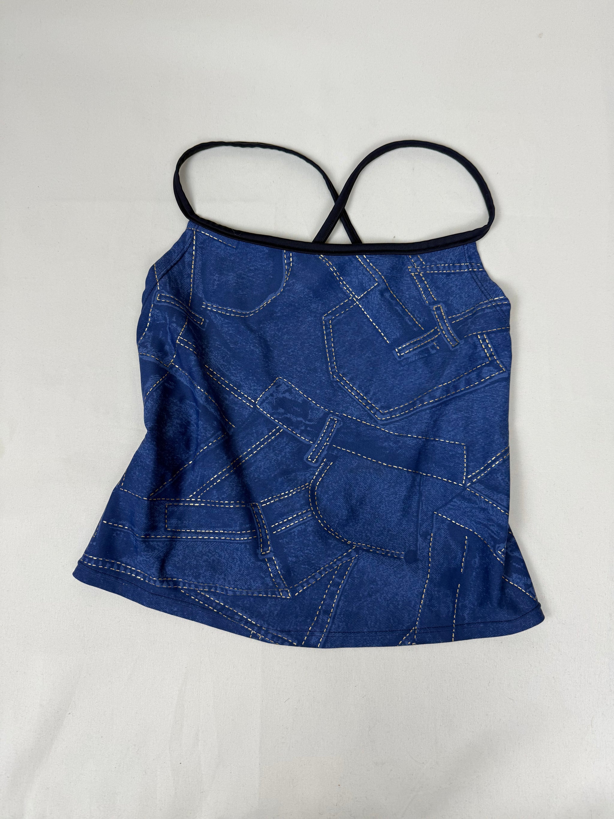 Blue denim graphic print lycra backless top (S/M)