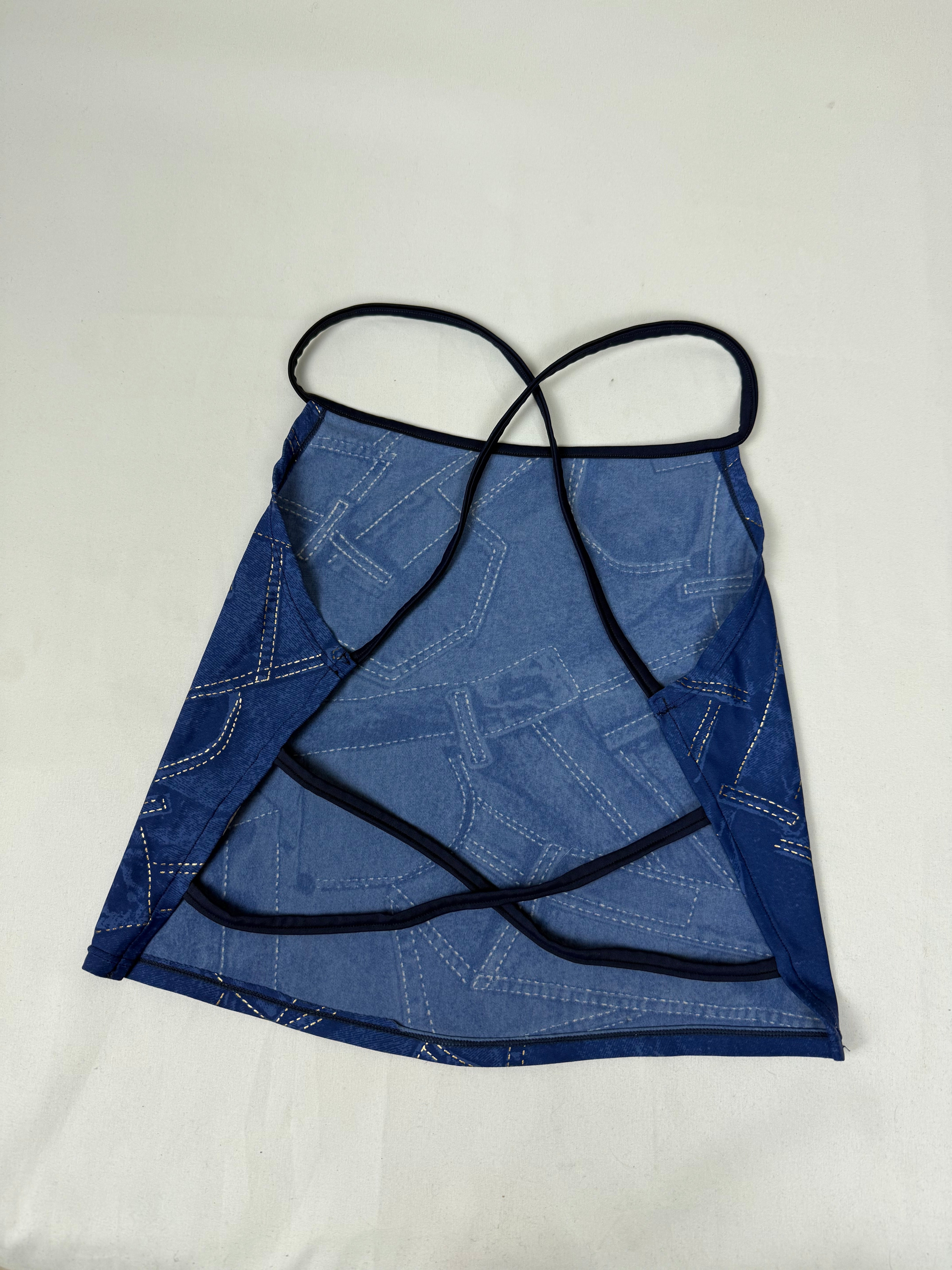 Blue denim graphic print lycra backless top (S/M)