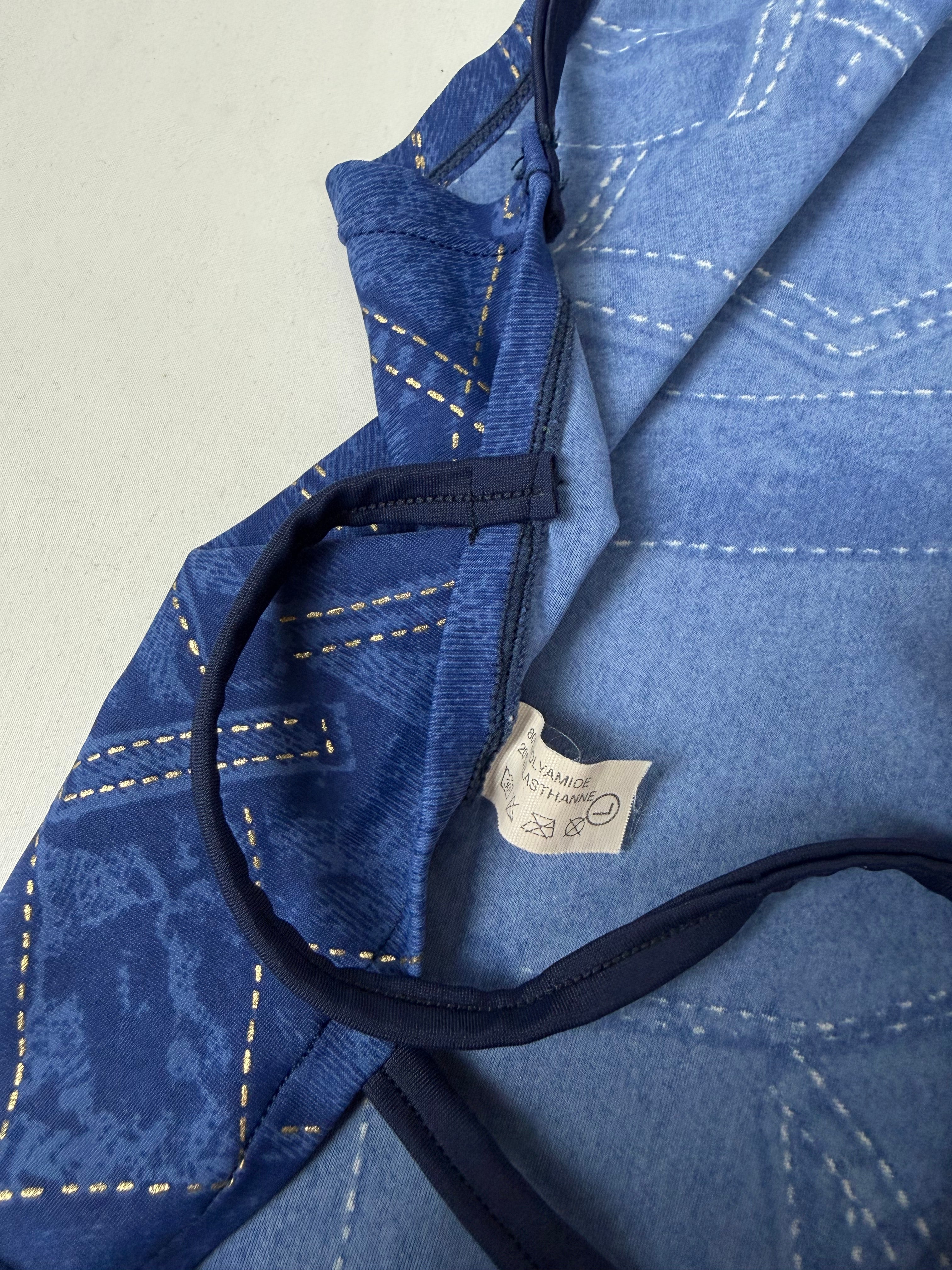 Blue denim graphic print lycra backless top (S/M)