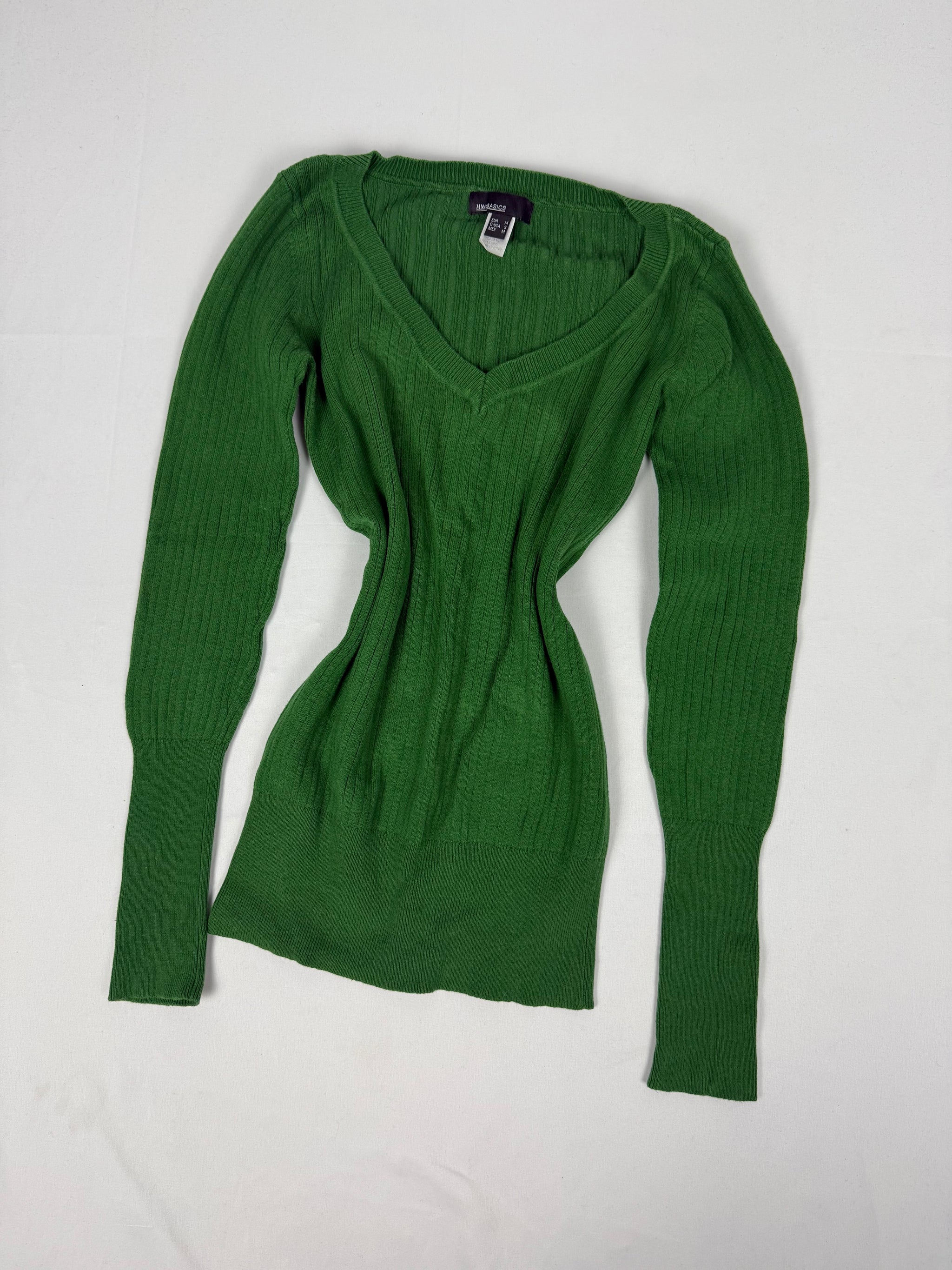 Green cotton V neck tight fit jumper (M)