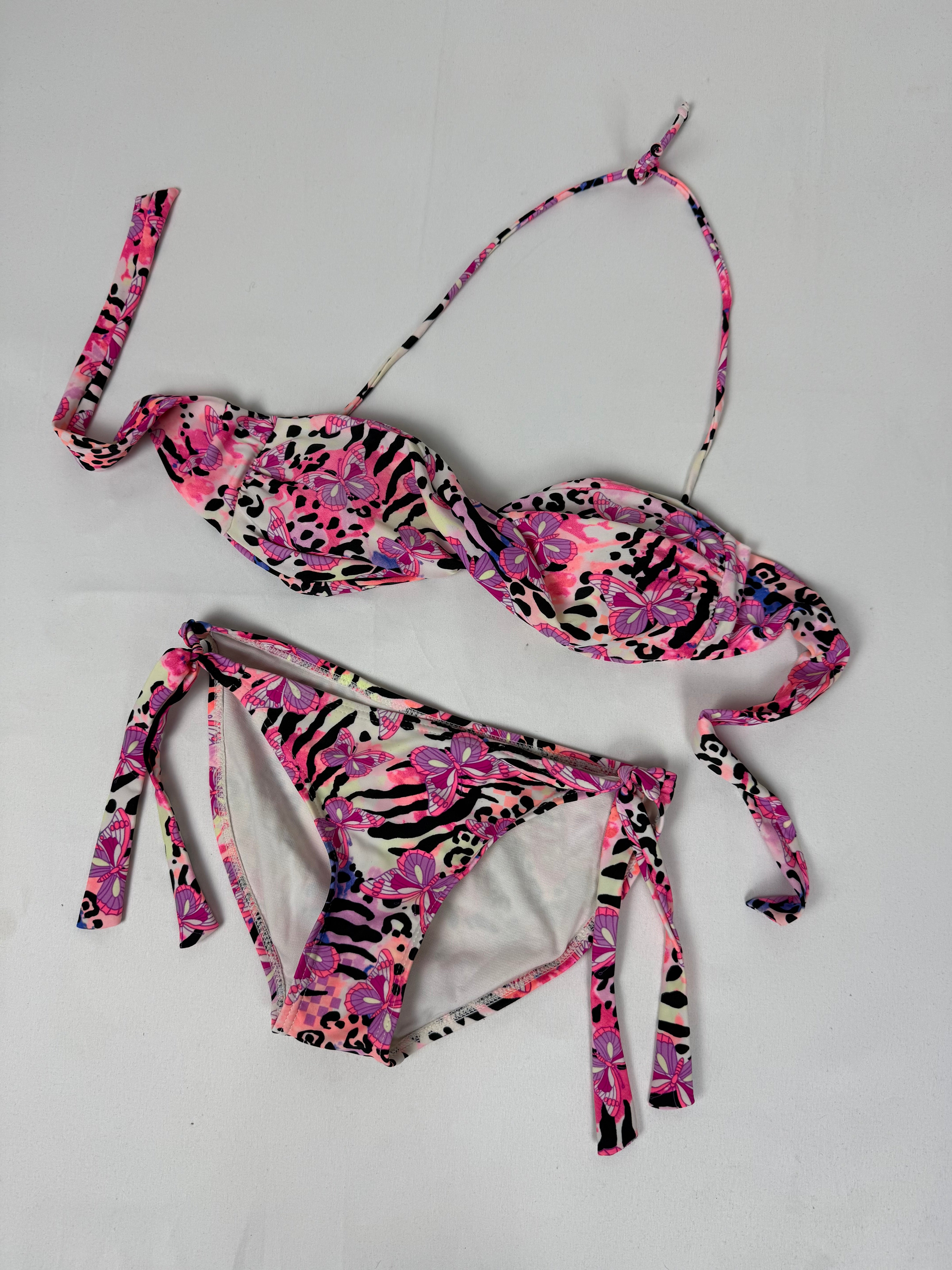 Pink butterflies graphic low rise bikini set (S)