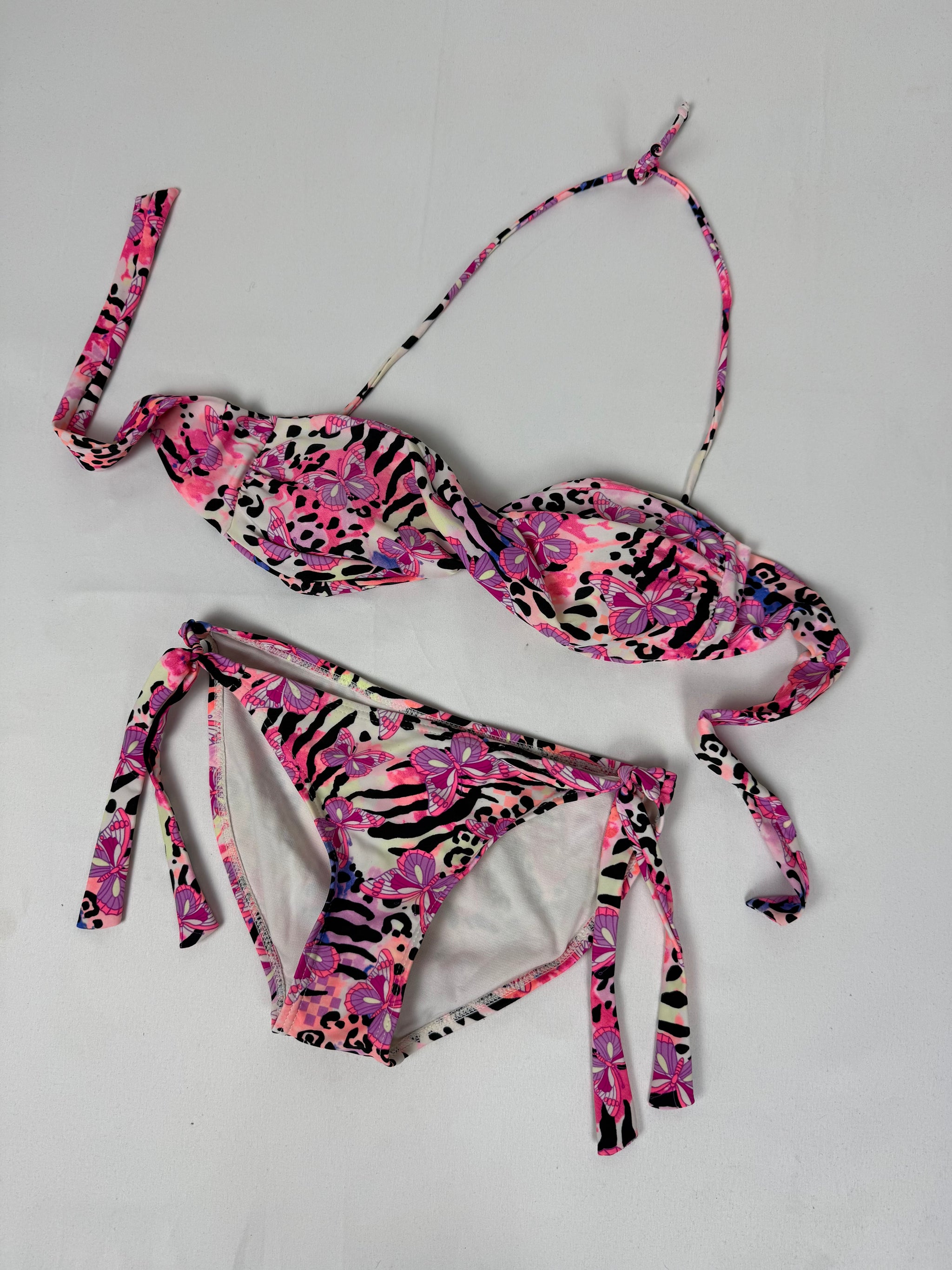 Pink butterflies graphic low rise bikini set (S)