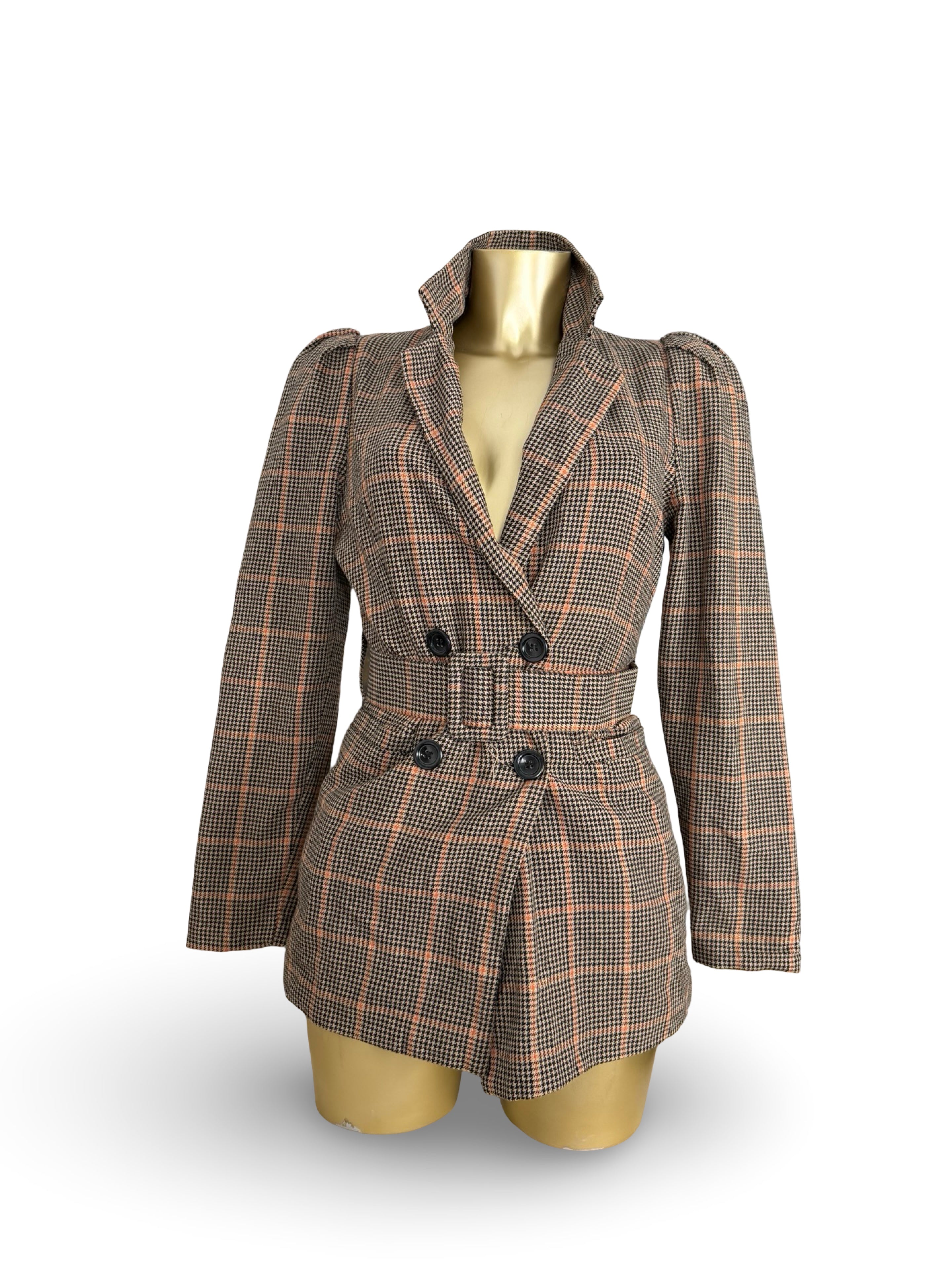 Brown check print mid season trench coat (S)