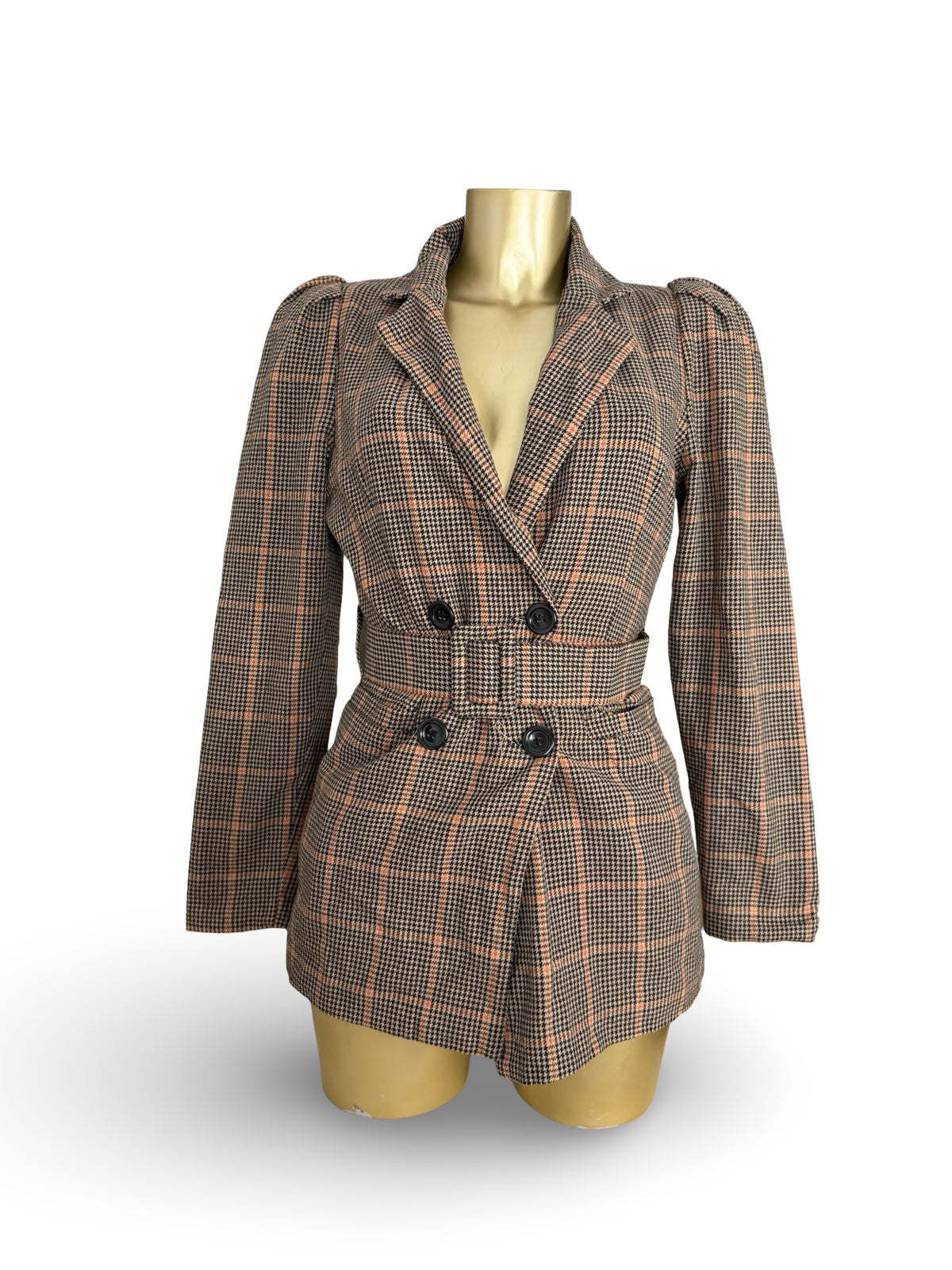 Brown check print mid season trench coat (S)