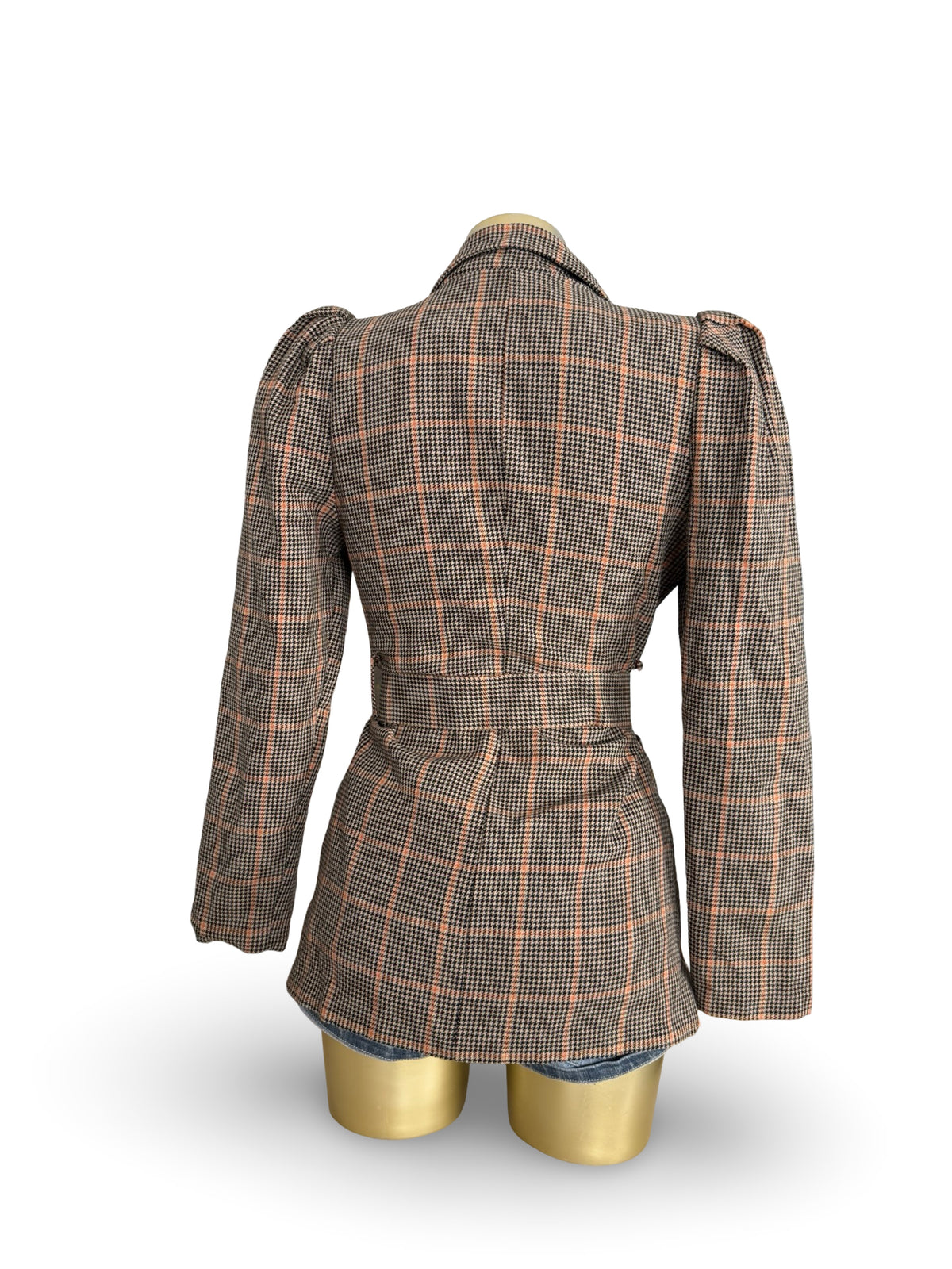 Brown check print mid season trench coat (S)