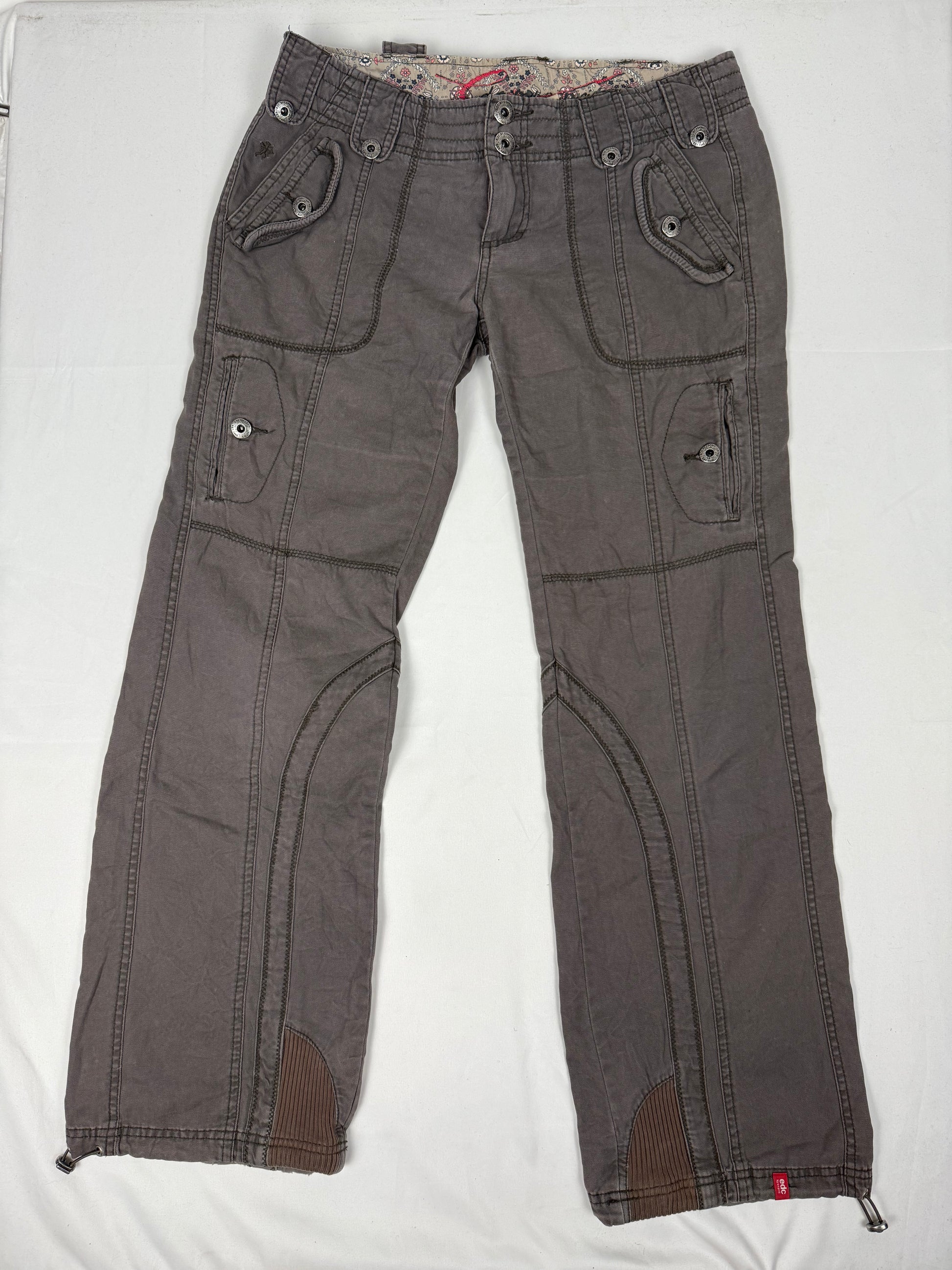 Brown check print cotton low rise baggy pants (L)