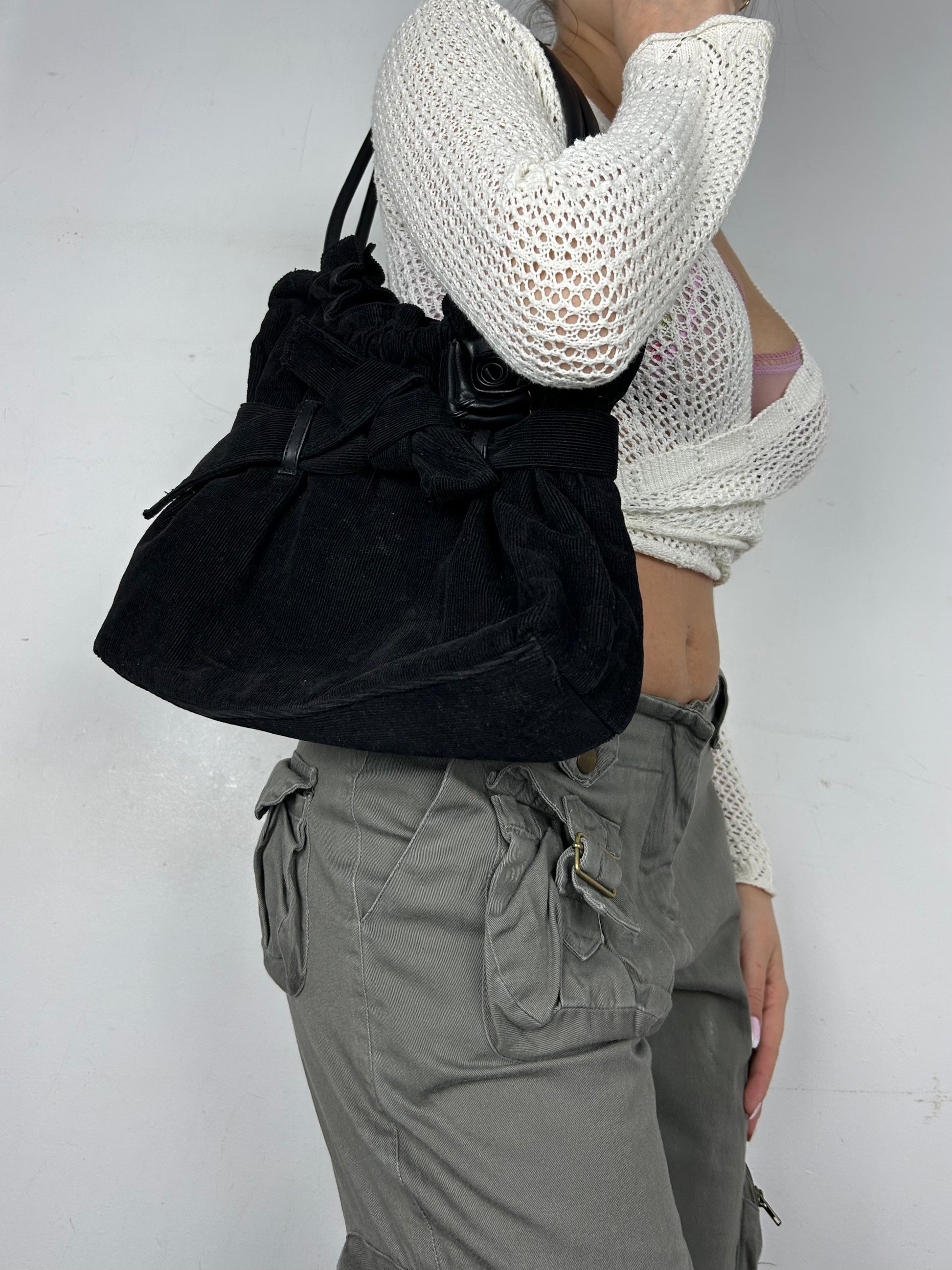 Black ribbed velvet shoulder bag