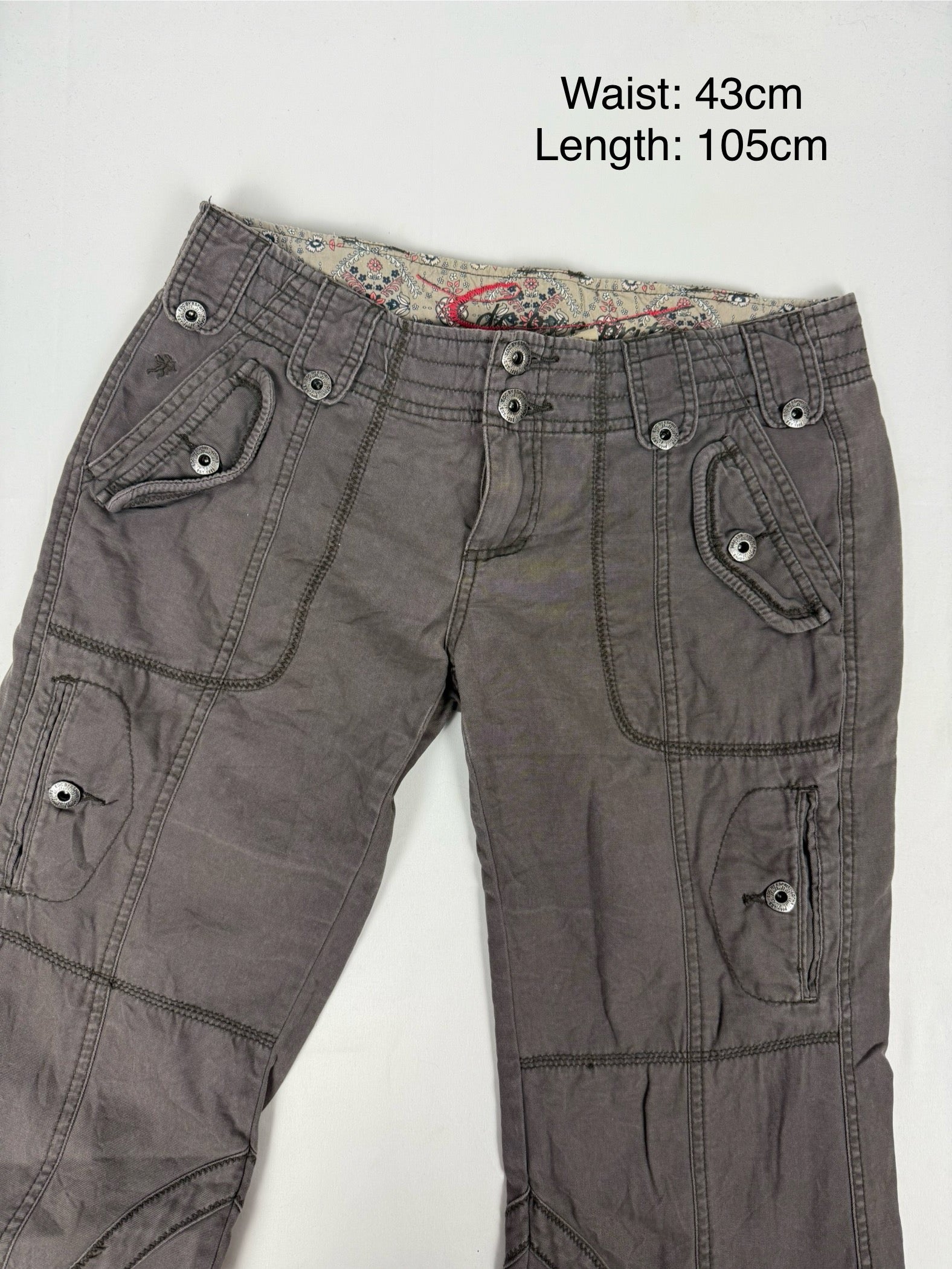 Brown check print cotton low rise baggy pants (L)