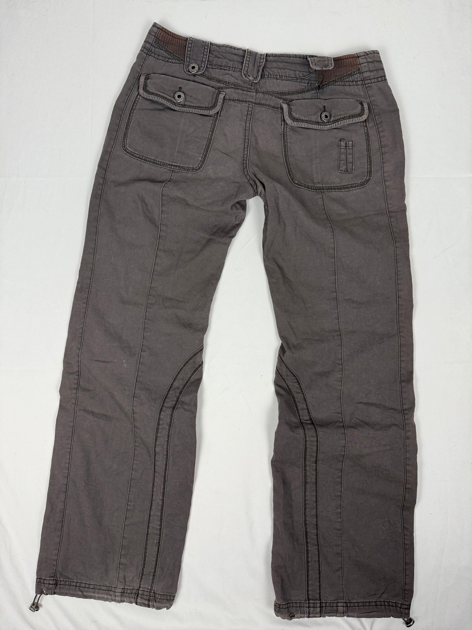 Brown check print cotton low rise baggy pants (L)