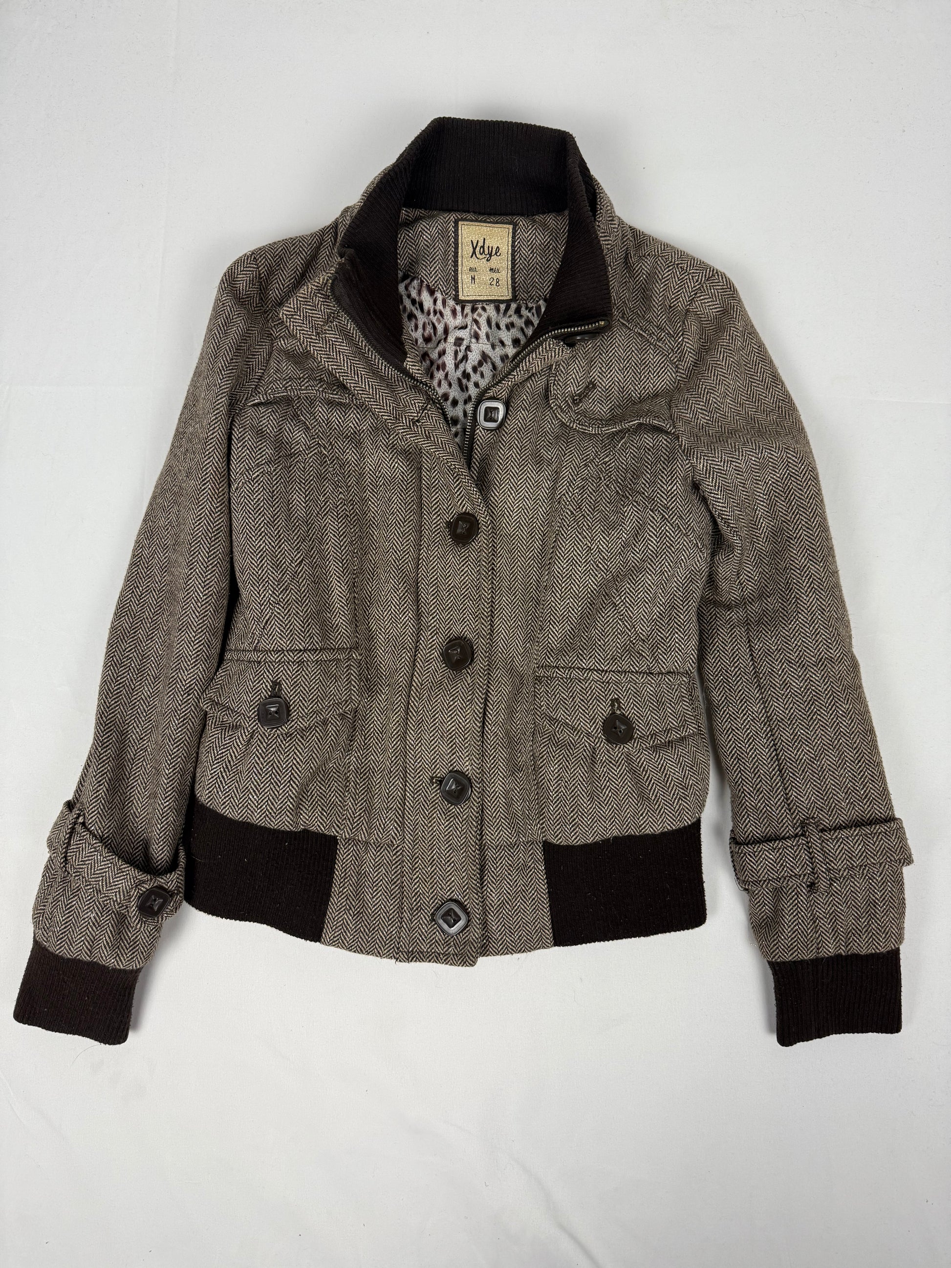 Brown check print biker jacket (M)