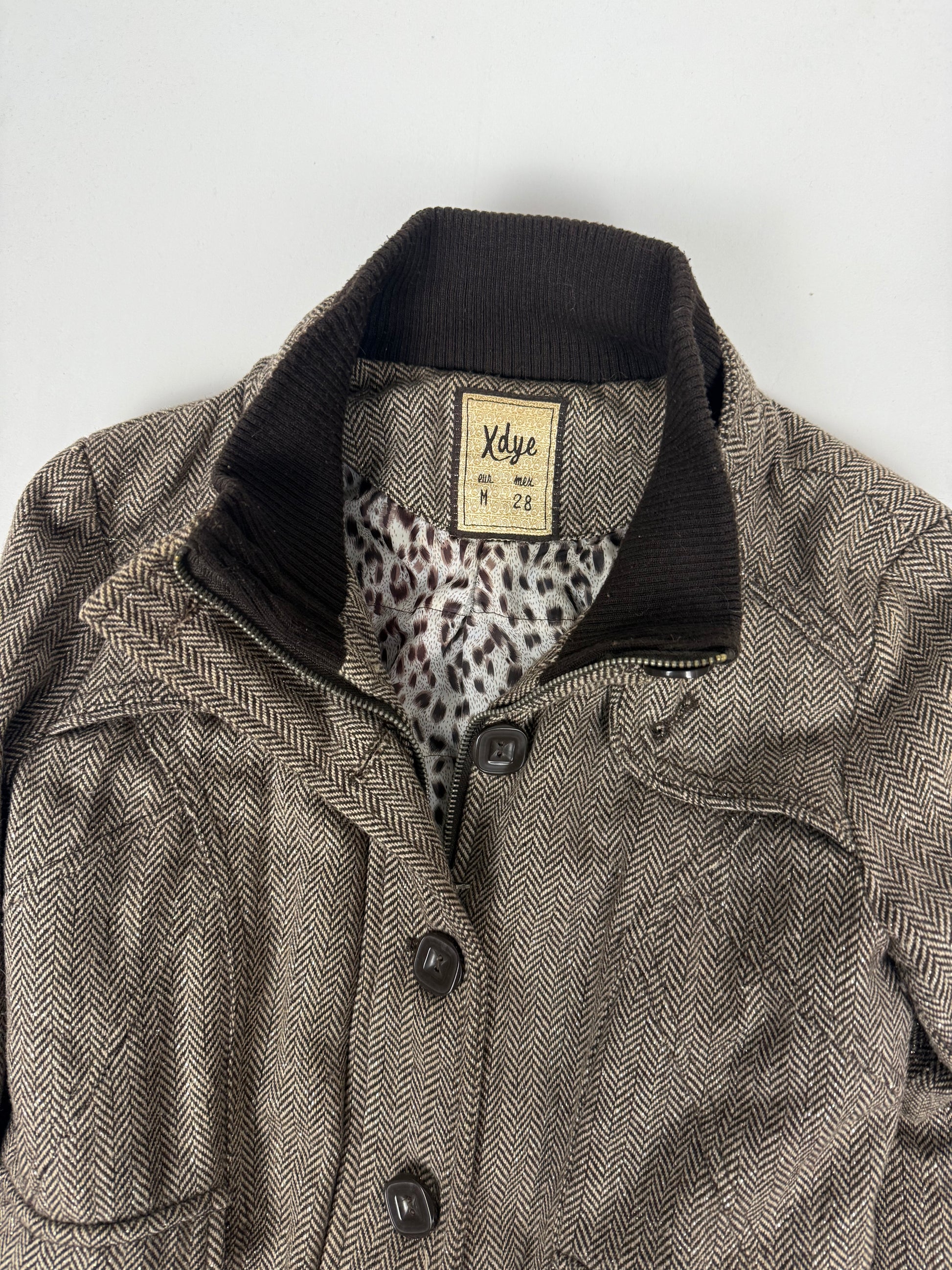 Brown check print biker jacket (M)