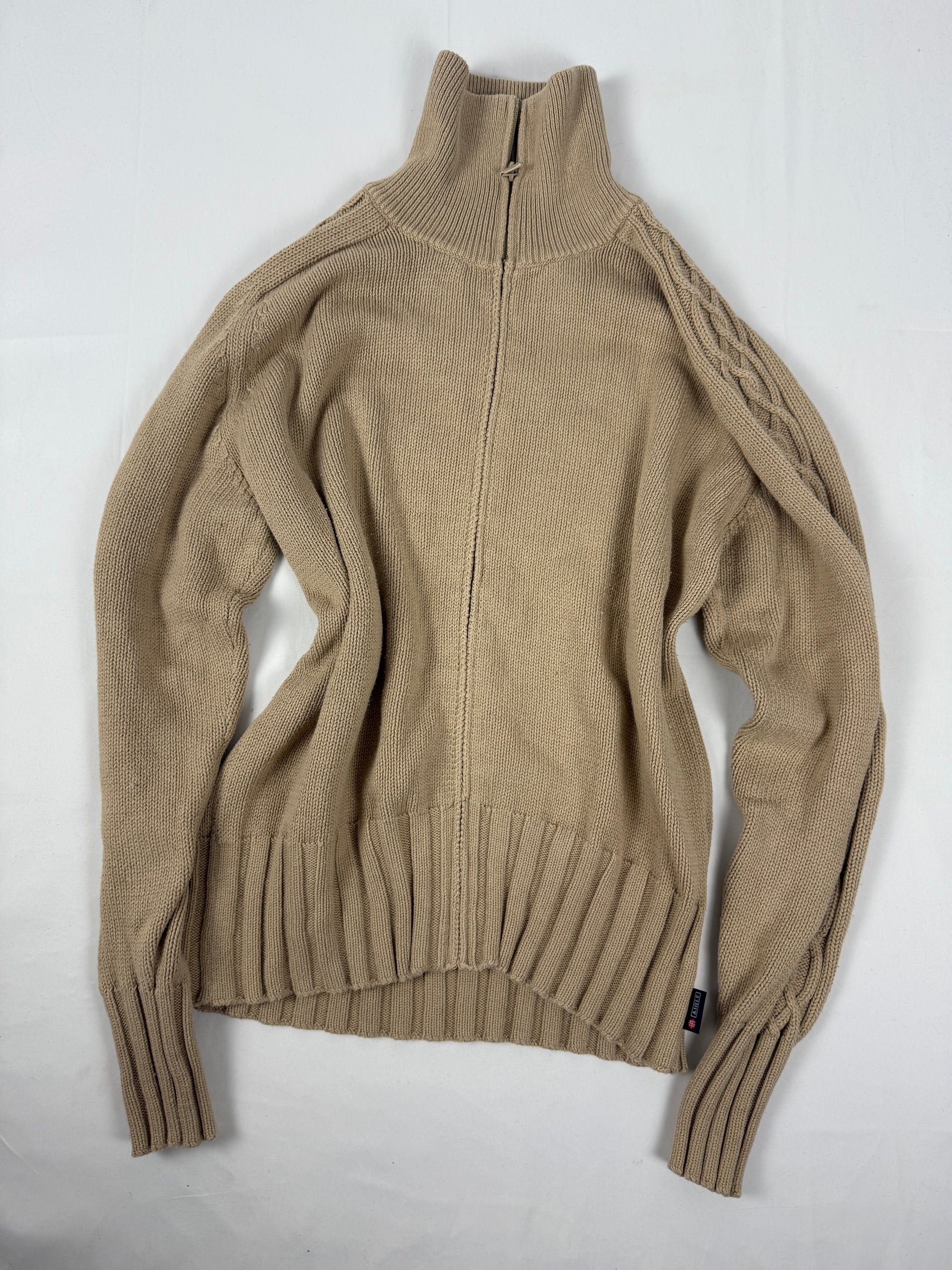 Beige 100% cotton zip up cardigan jumper (L)