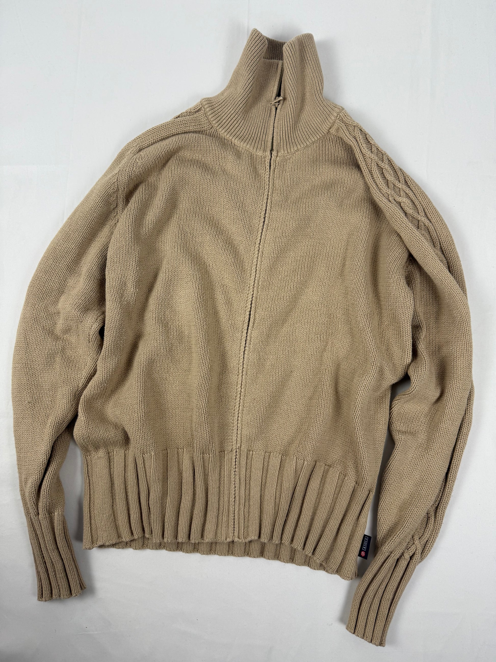 Beige 100% cotton zip up cardigan jumper (L)