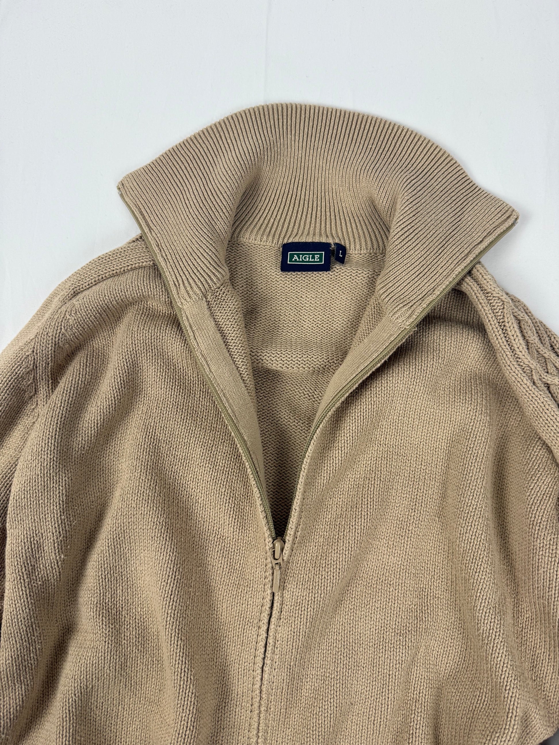 Beige 100% cotton zip up cardigan jumper (L)