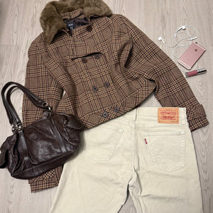 Beige check print wool trench jacket (XL)