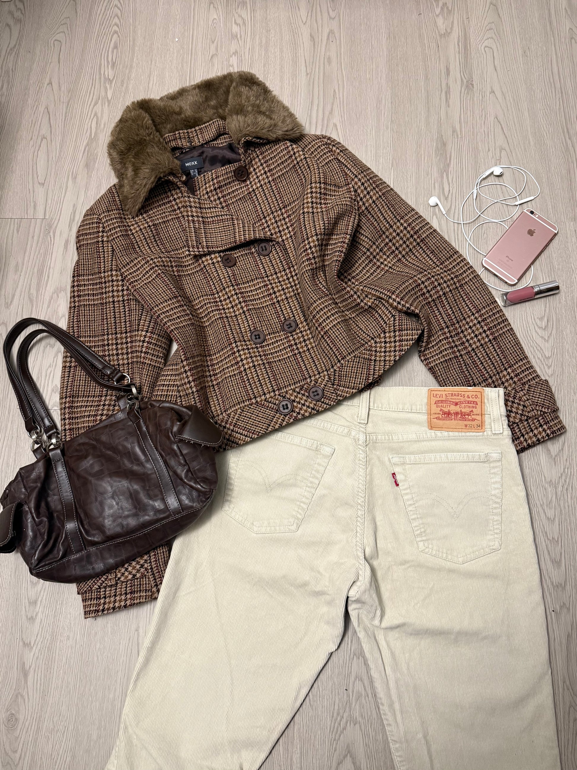 Beige check print wool trench jacket (XL)