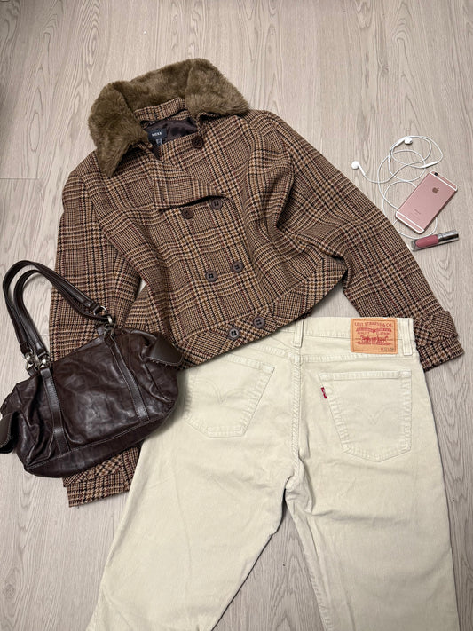 Beige check print wool trench jacket (XL)