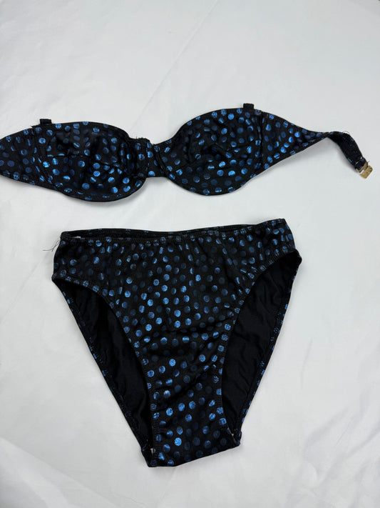 Black glitters blue polka dots low waisted bikini set (XS)