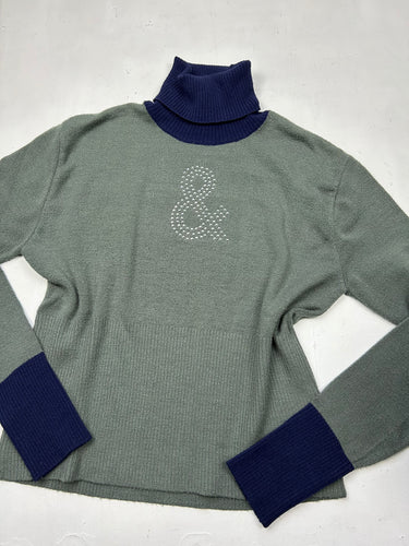 Khaki & navy bicolor strass logo turtleneck jumper (M)