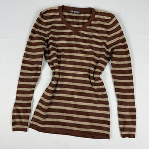 Brown striped ribbed V neck jumper (S/M)