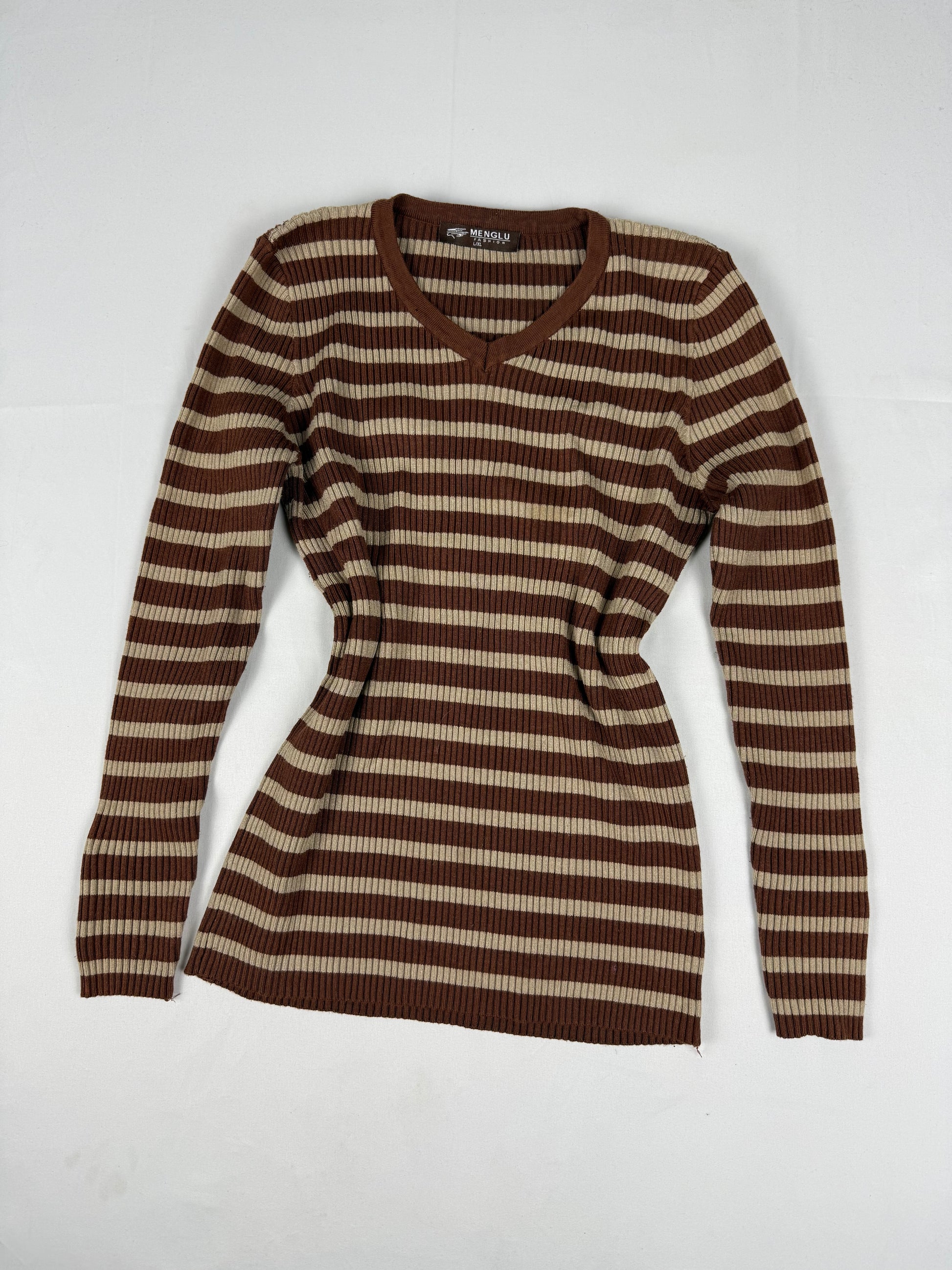 Brown striped ribbed V neck jumper (S/M)