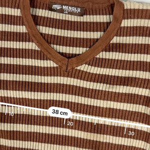 Brown striped ribbed V neck jumper (S/M)