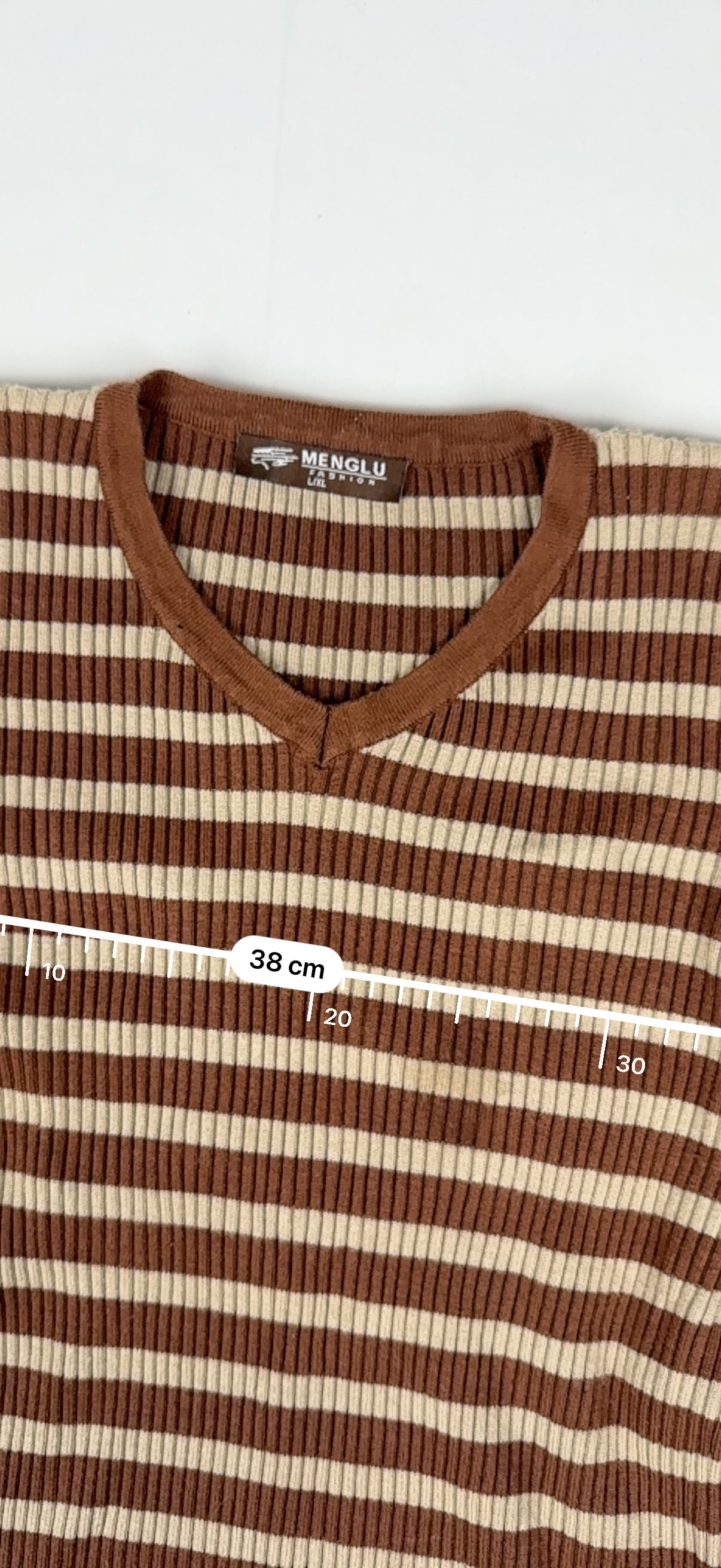 Brown striped ribbed V neck jumper (S/M)