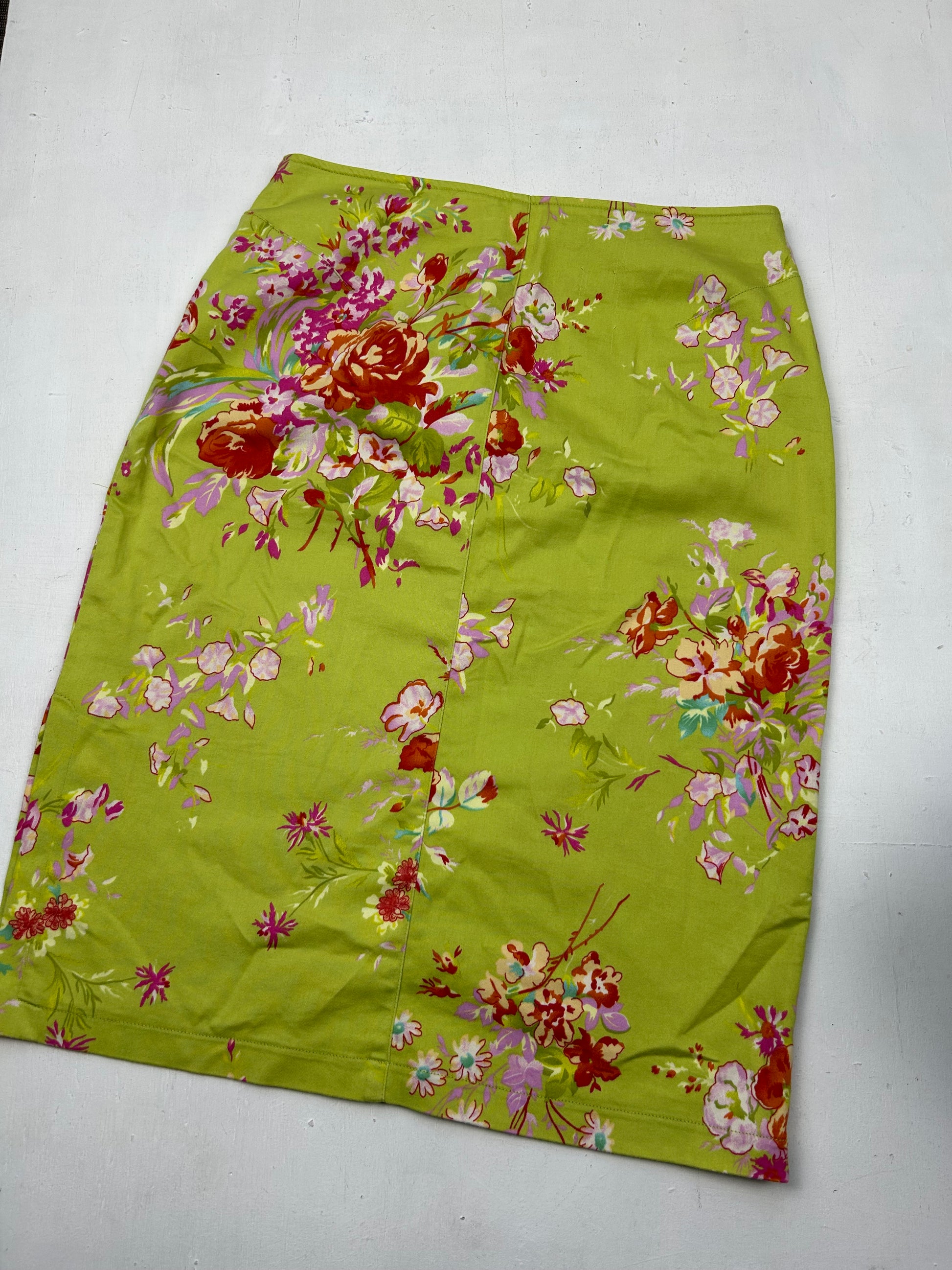 Green floral print low rise mid skirt (S)