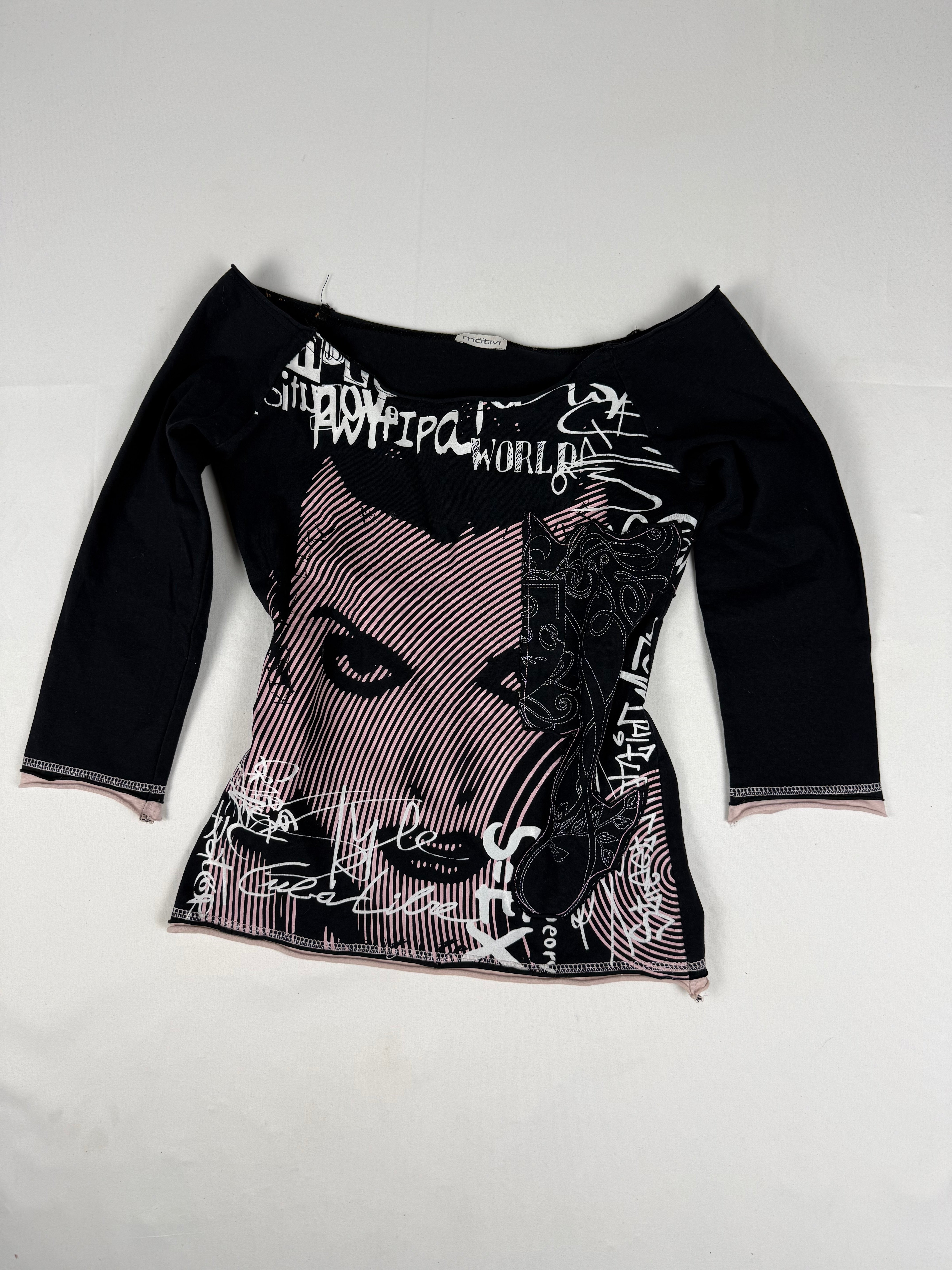 Black graphic cotton 3/4 sleeves top (M)