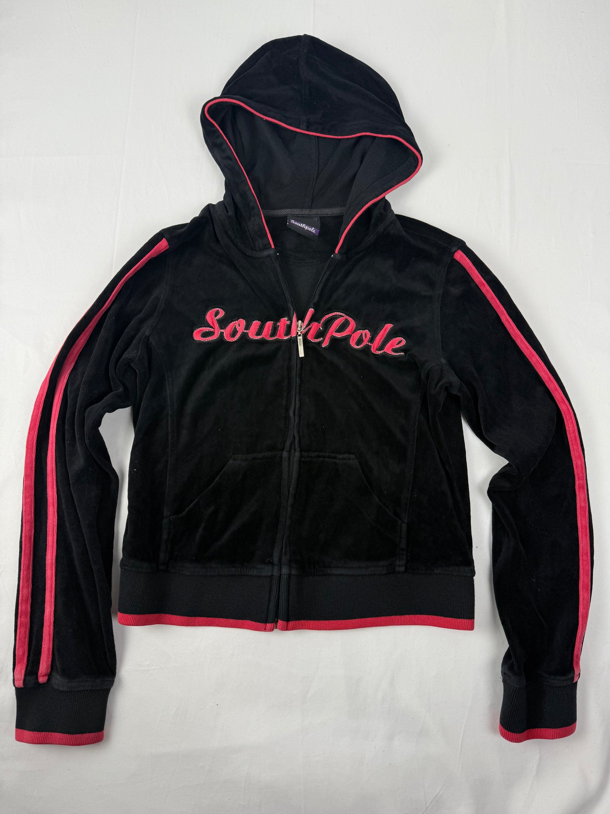 Black velvet zip up logo hoodie (S/M)