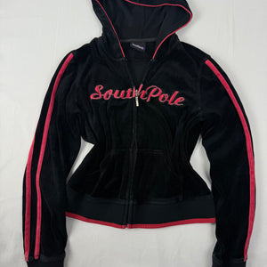 Black velvet zip up logo hoodie (S/M)