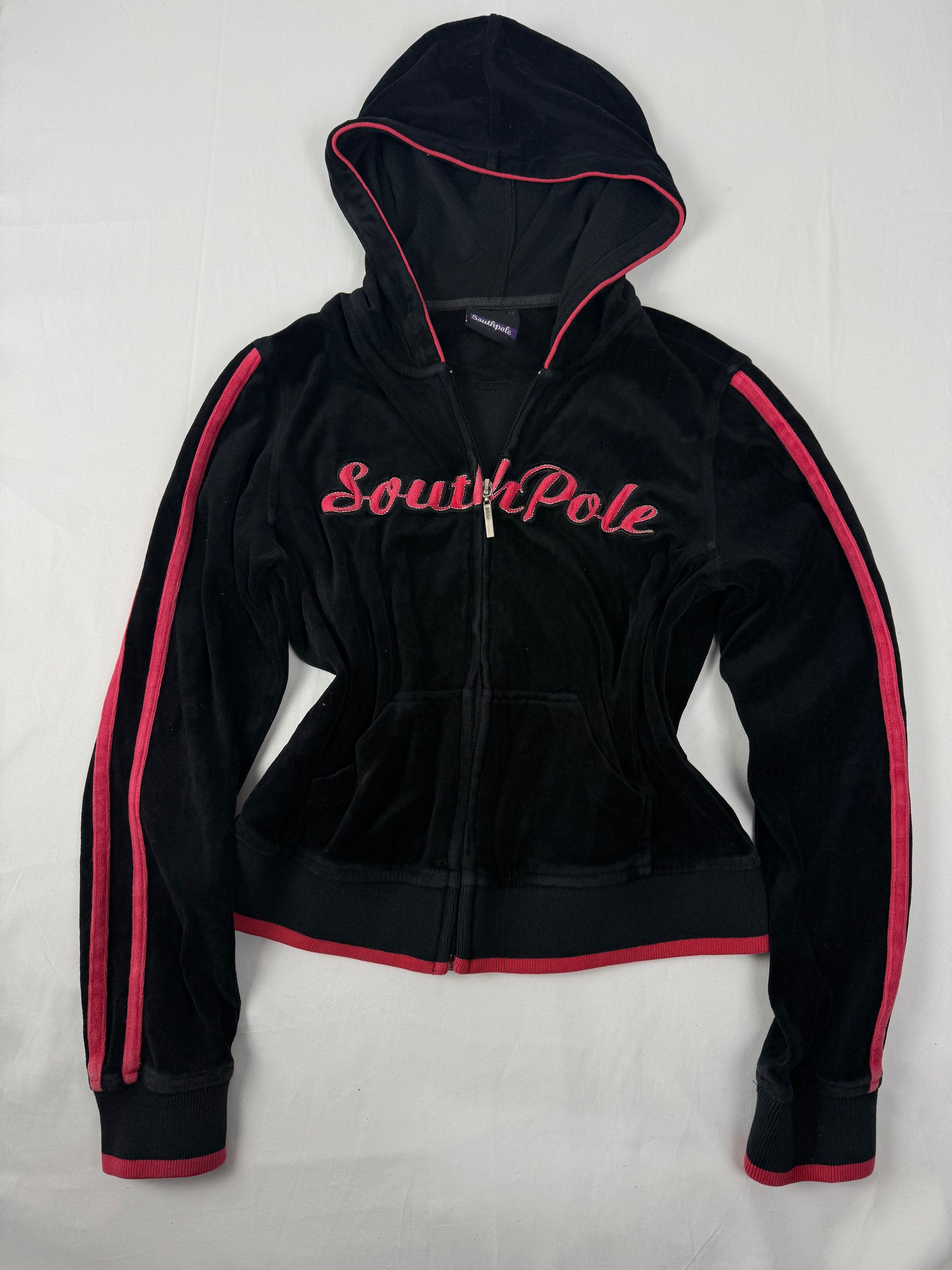 Black velvet zip up logo hoodie (S/M)